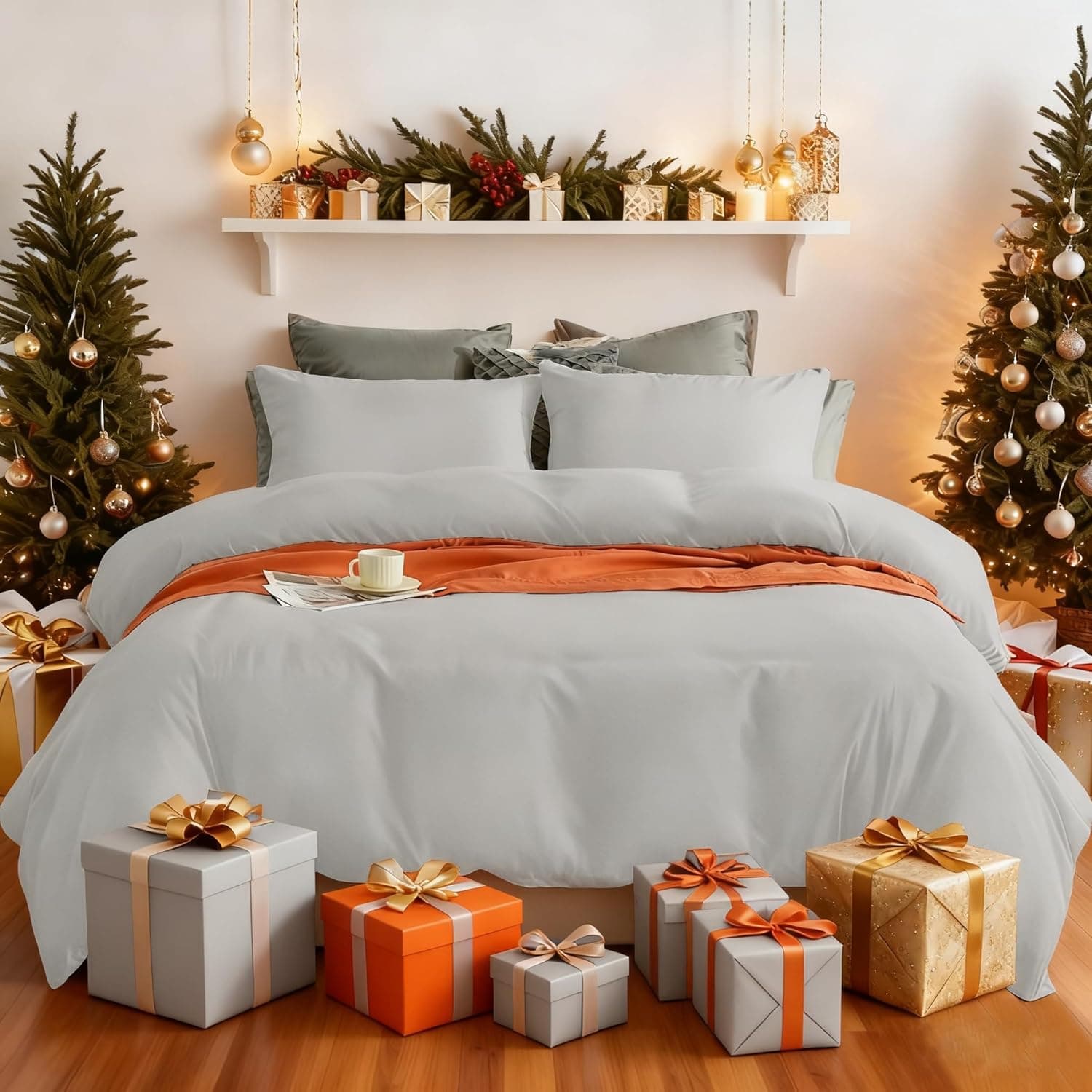 Warm Bedding Set and Fitted Sheet 110GSM 4 Pieces Brushed Microfiber with 1 Duvet Cover 2 Pillowcases and 1 Fitted Sheet (4 PCS Double, Light Grey)