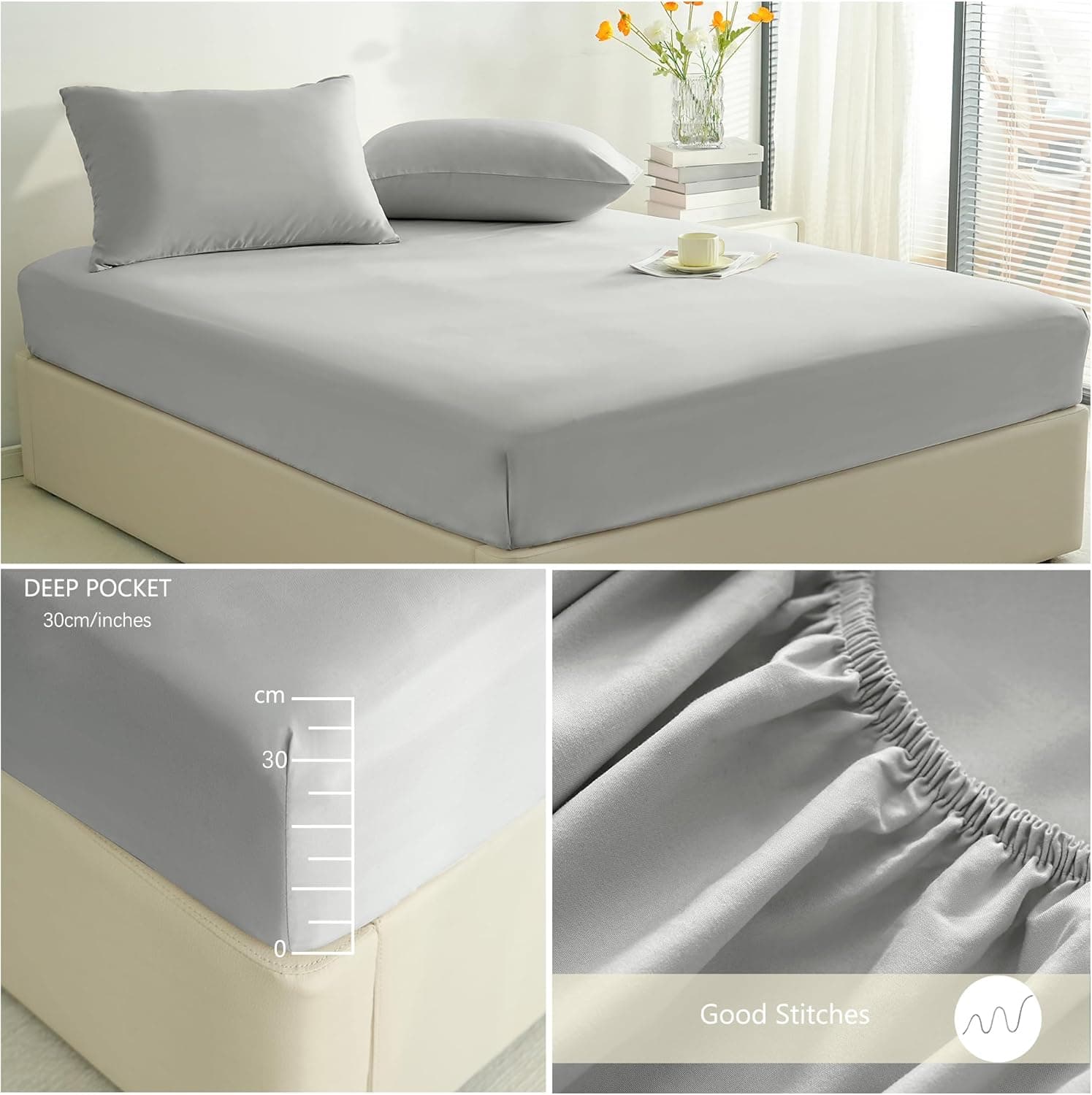 Warm Bedding Set and Fitted Sheet 110GSM 4 Pieces Brushed Microfiber with 1 Duvet Cover 2 Pillowcases and 1 Fitted Sheet (4 PCS Double, Light Grey) 6