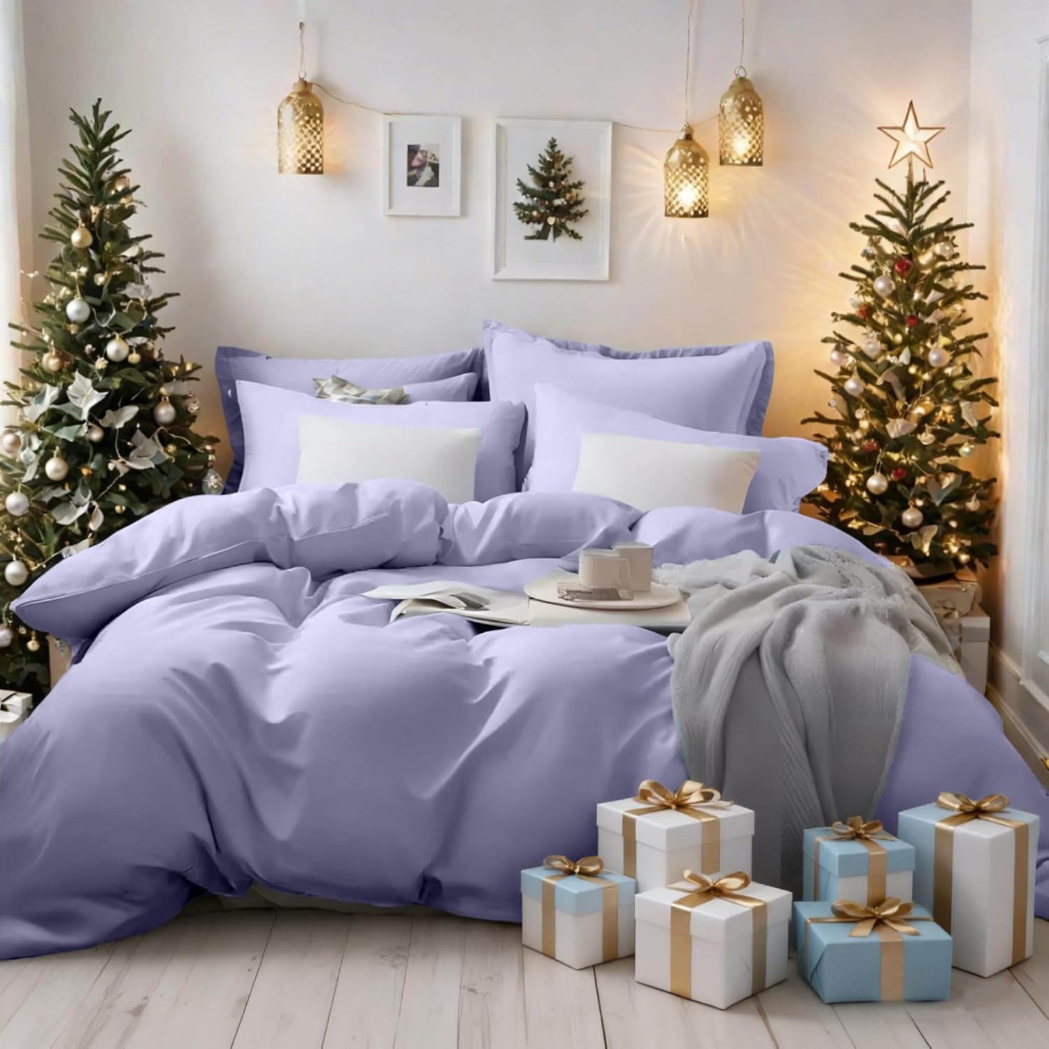 MOHAP Warm Bedding Double Duvet Cover Set 3 PCS Plain Brushed Microfiber Bedding 1 Duvet Cover with 2 Zippers and 2 Pillowcases Light Lavender