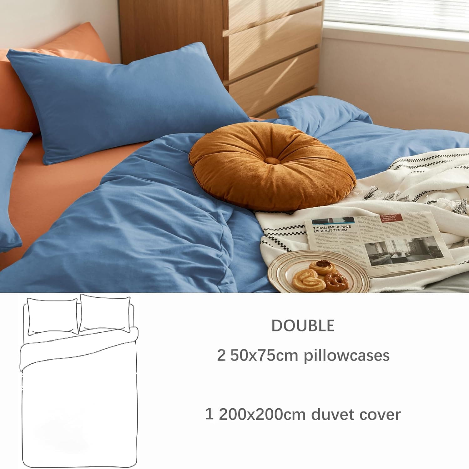 MOHAP Parure de lit chaude 3 pièces en microfibre brossée unie avec 1 housse de couette avec 2 fermetures éclair et 2 taies d'oreiller Bleu denim 5