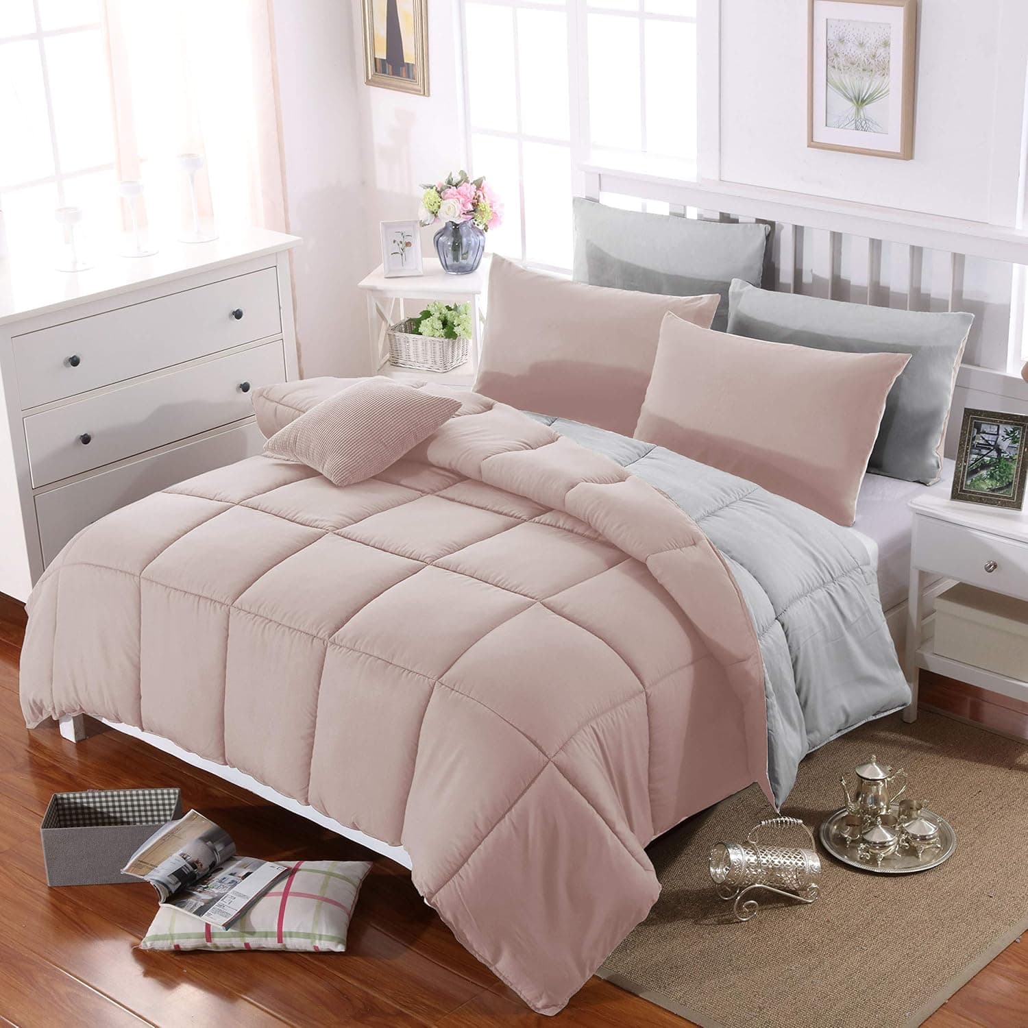 MOHAP Couette Bicolore Chaude l'hiver 450g/m² Épais 220x240cm Hypoallergénique Rose + Gris Couette de Réversible 2 Personnes Edredon