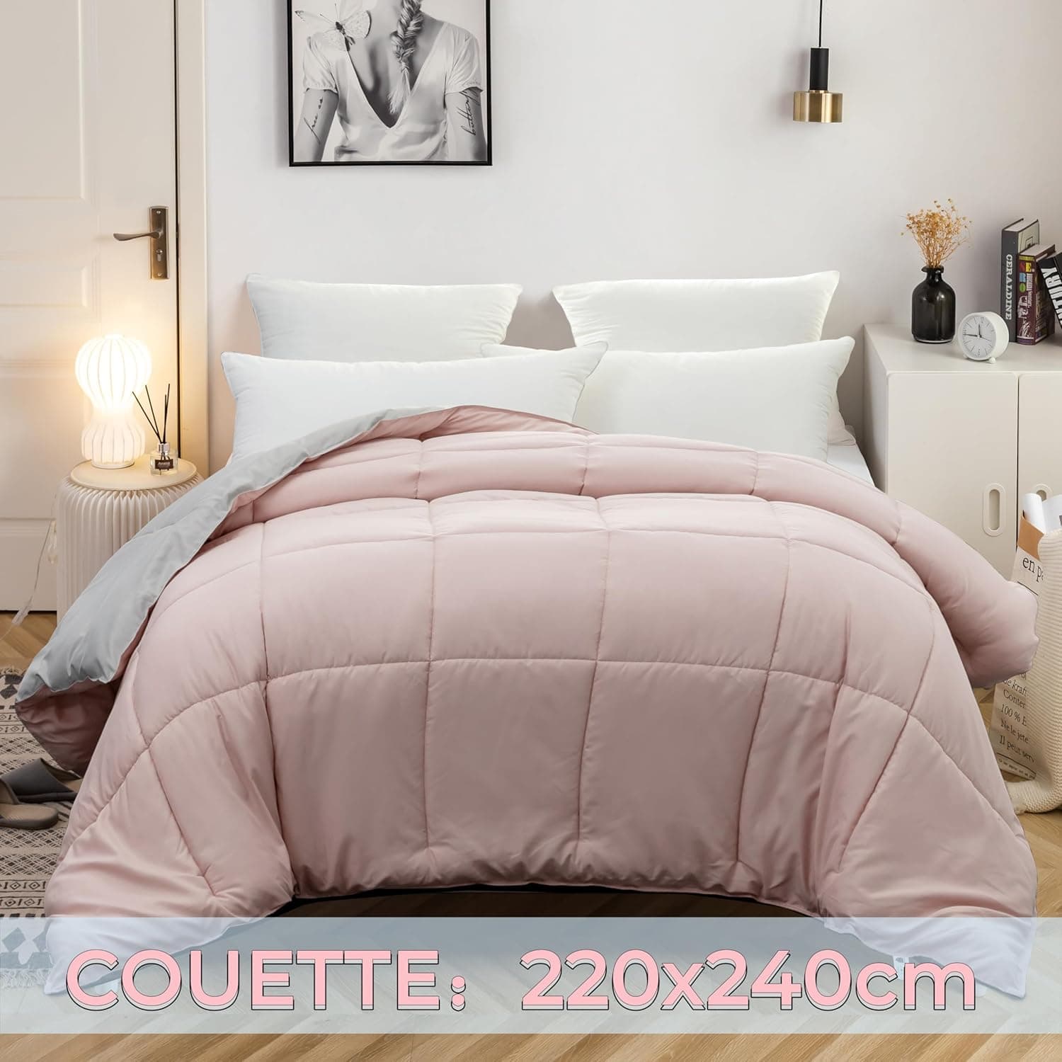 MOHAP Couette Bicolore Chaude l'hiver 450g/m² Épais 220x240cm Hypoallergénique Rose + Gris Couette de Réversible 2 Personnes Edredon 3