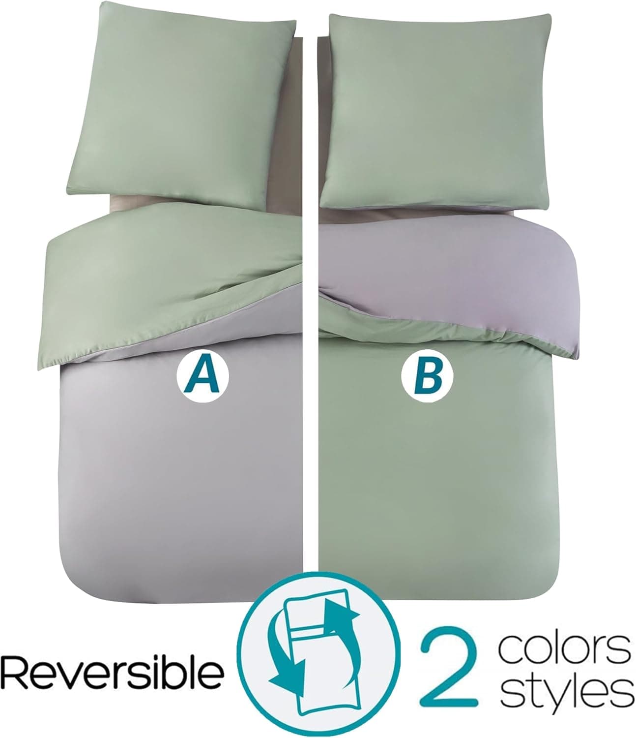 MOHAP Housse de Couette Réversible 140x190/200 cm Coton lavé Vert Taie d'oreiller 65x65x1 cm Parure de Lit Aspect Ridée Naturel Bicolore pour 1 Personne Fermeture Éclair Sets de Housses de couettes 3