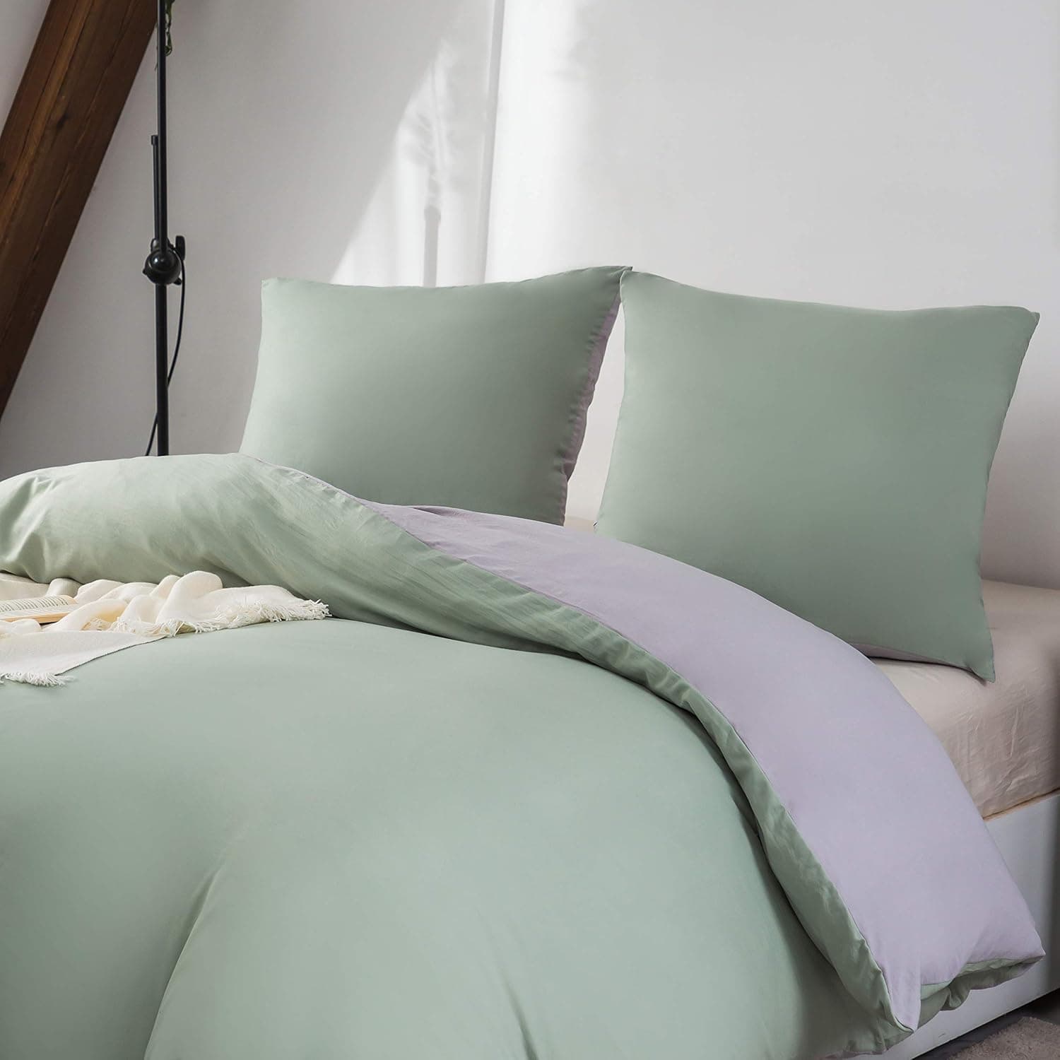 MOHAP Housse de Couette Réversible 140x190/200 cm Coton lavé Vert Taie d'oreiller 65x65x1 cm Parure de Lit Aspect Ridée Naturel Bicolore pour 1 Personne Fermeture Éclair Sets de Housses de couettes 4