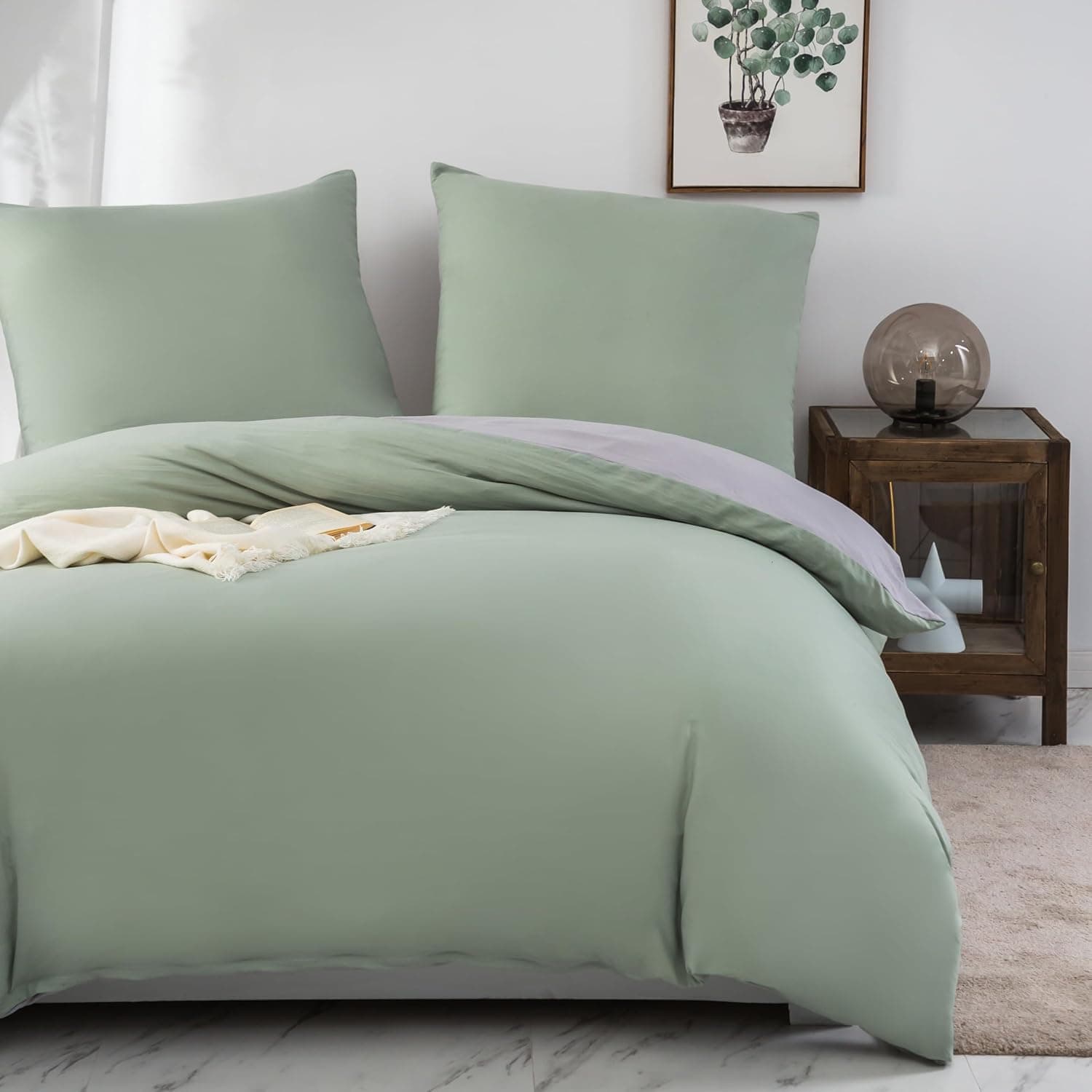 MOHAP Housse de Couette Réversible 140x190/200 cm Coton lavé Vert Taie d'oreiller 65x65x1 cm Parure de Lit Aspect Ridée Naturel Bicolore pour 1 Personne Fermeture Éclair Sets de Housses de couettes 5