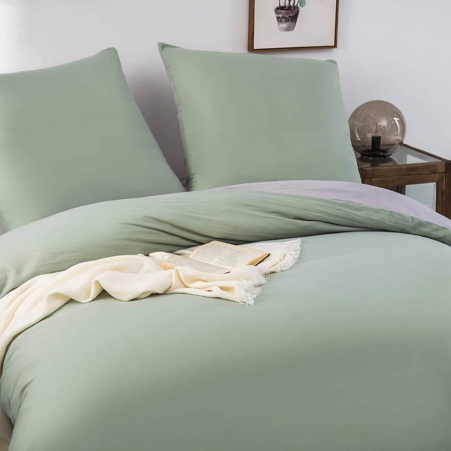 MOHAP Housse de Couette Réversible 140x190/200 cm Coton lavé Vert Taie d'oreiller 65x65x1 cm Parure de Lit Aspect Ridée Naturel Bicolore pour 1 Personne Fermeture Éclair Sets de Housses de couettes 7