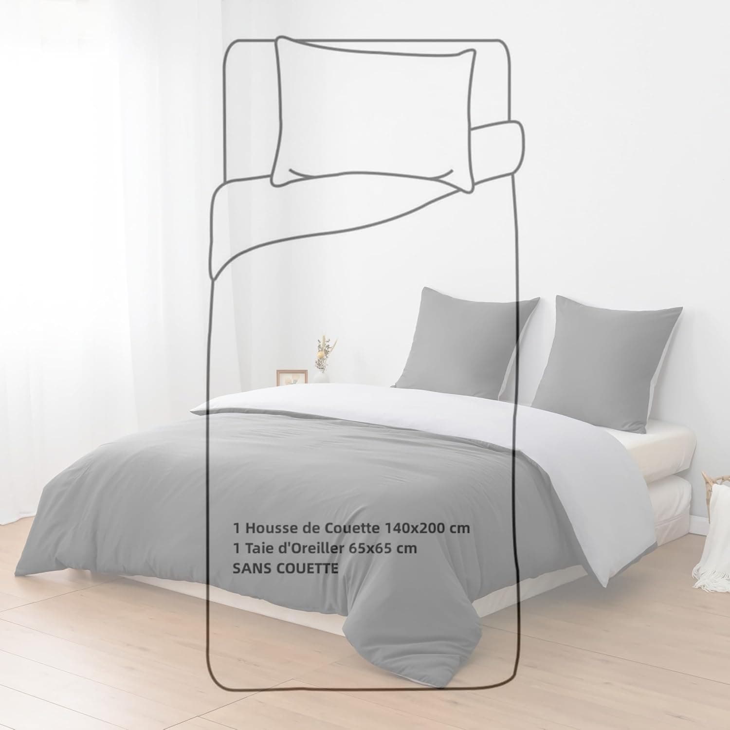 MOHAP Housse de Couette Réversible 140x190/200 cm Coton lavé Gris Taie d'oreiller 65x65x1 cm Parure de Lit Aspect Ridée Naturel Bicolore pour 1 Personne Fermeture Éclair Sets de Housses de couettes 2