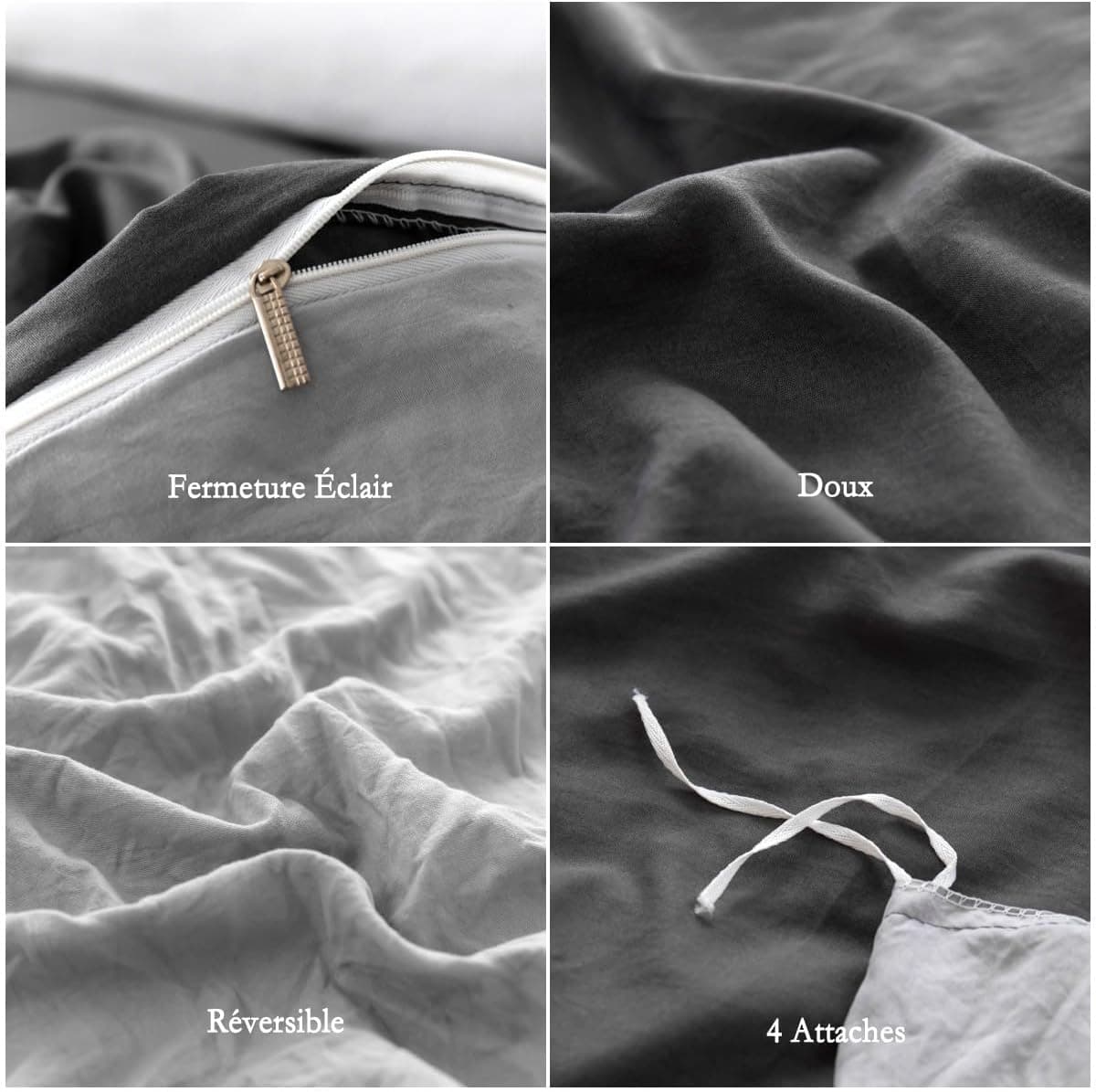 MOHAP Housse de Couette Réversible 140x190/200 cm Coton lavé Gris Taie d'oreiller 65x65x1 cm Parure de Lit Aspect Ridée Naturel Bicolore pour 1 Personne Fermeture Éclair Sets de Housses de couettes 4