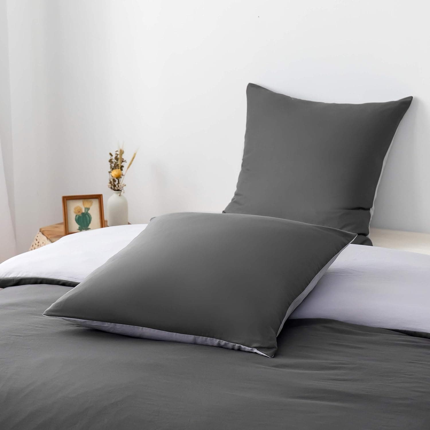 MOHAP Housse de Couette Réversible 140x190/200 cm Coton lavé Gris Taie d'oreiller 65x65x1 cm Parure de Lit Aspect Ridée Naturel Bicolore pour 1 Personne Fermeture Éclair Sets de Housses de couettes 6