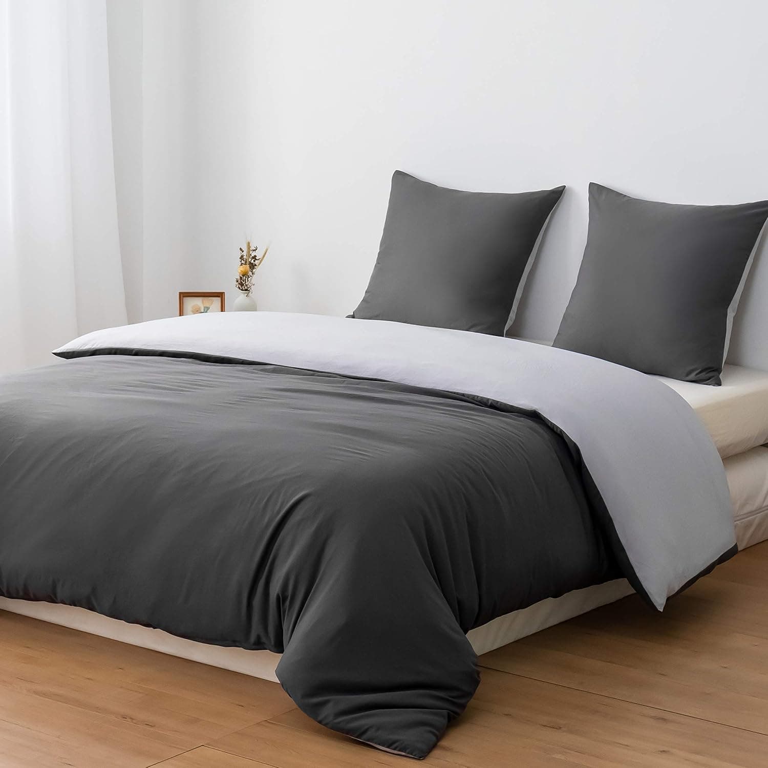 MOHAP Housse de Couette Réversible 140x190/200 cm Coton lavé Gris Taie d'oreiller 65x65x1 cm Parure de Lit Aspect Ridée Naturel Bicolore pour 1 Personne Fermeture Éclair Sets de Housses de couettes 7