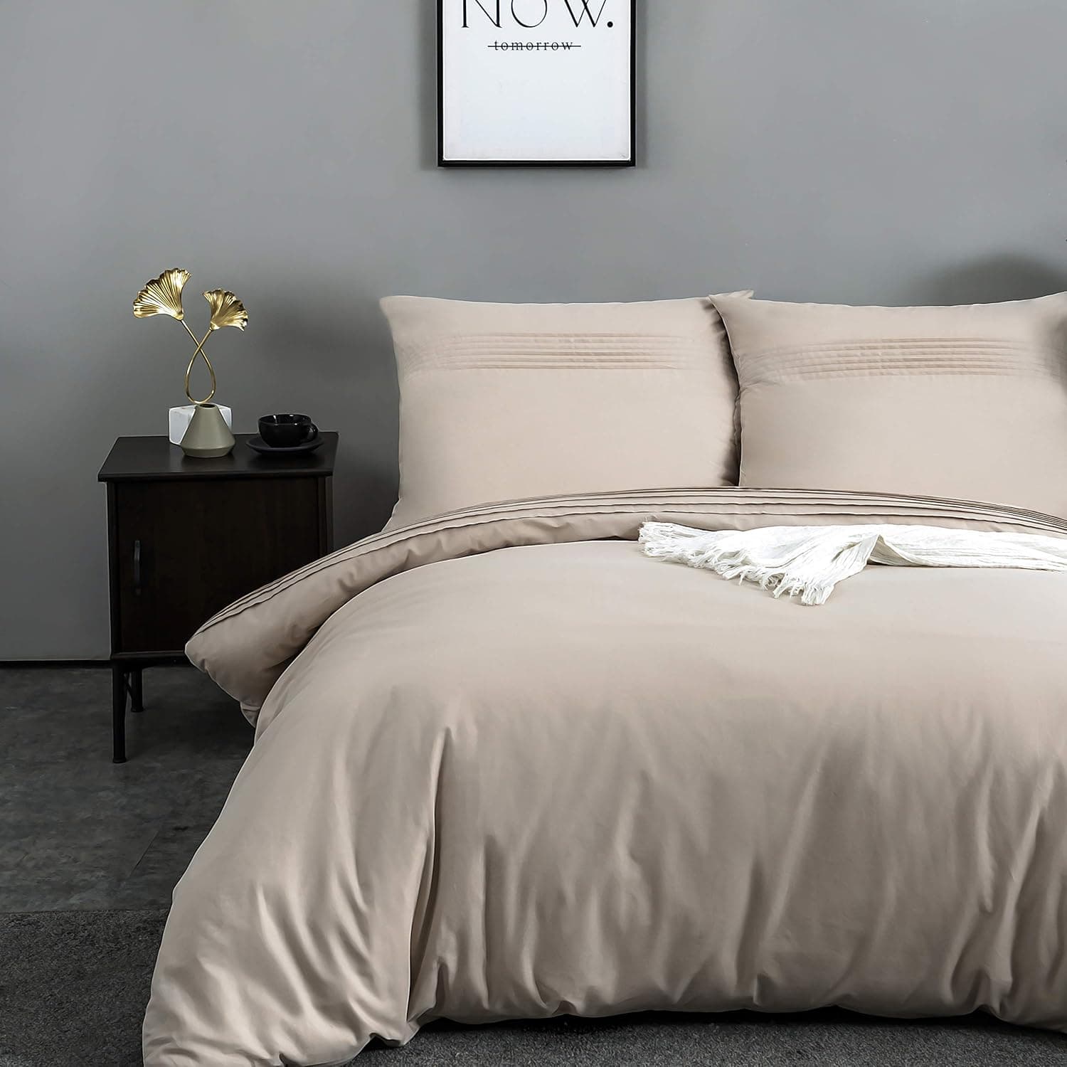 MOHAP 100% Coton Sets de Housse de Couette 220x240 cm Beige Parure de Lit Haut Gamme Plissé Adulte 2 Personnes avec 2 Taies d'oreiller 65x65cm Fermeture Éclair 2