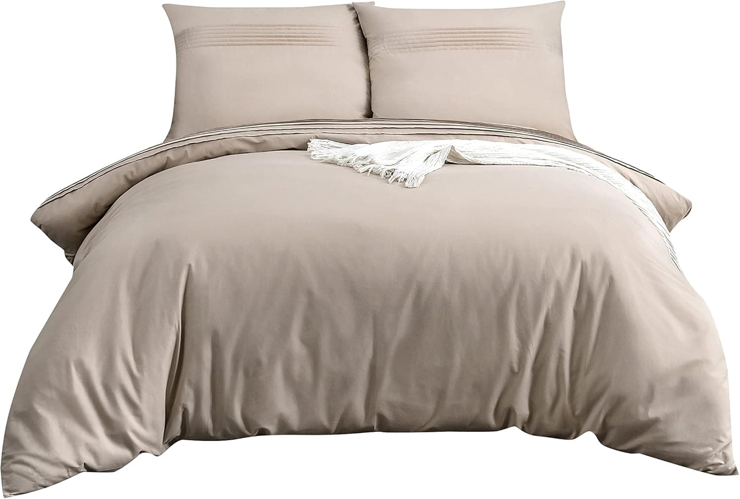 MOHAP 100% Coton Sets de Housse de Couette 200x200 cm Beige Parure de Lit Haut Gamme Plissé Adulte 2 Personnes avec 2 Taies d'oreiller 65x65cm Fermeture Éclair 4