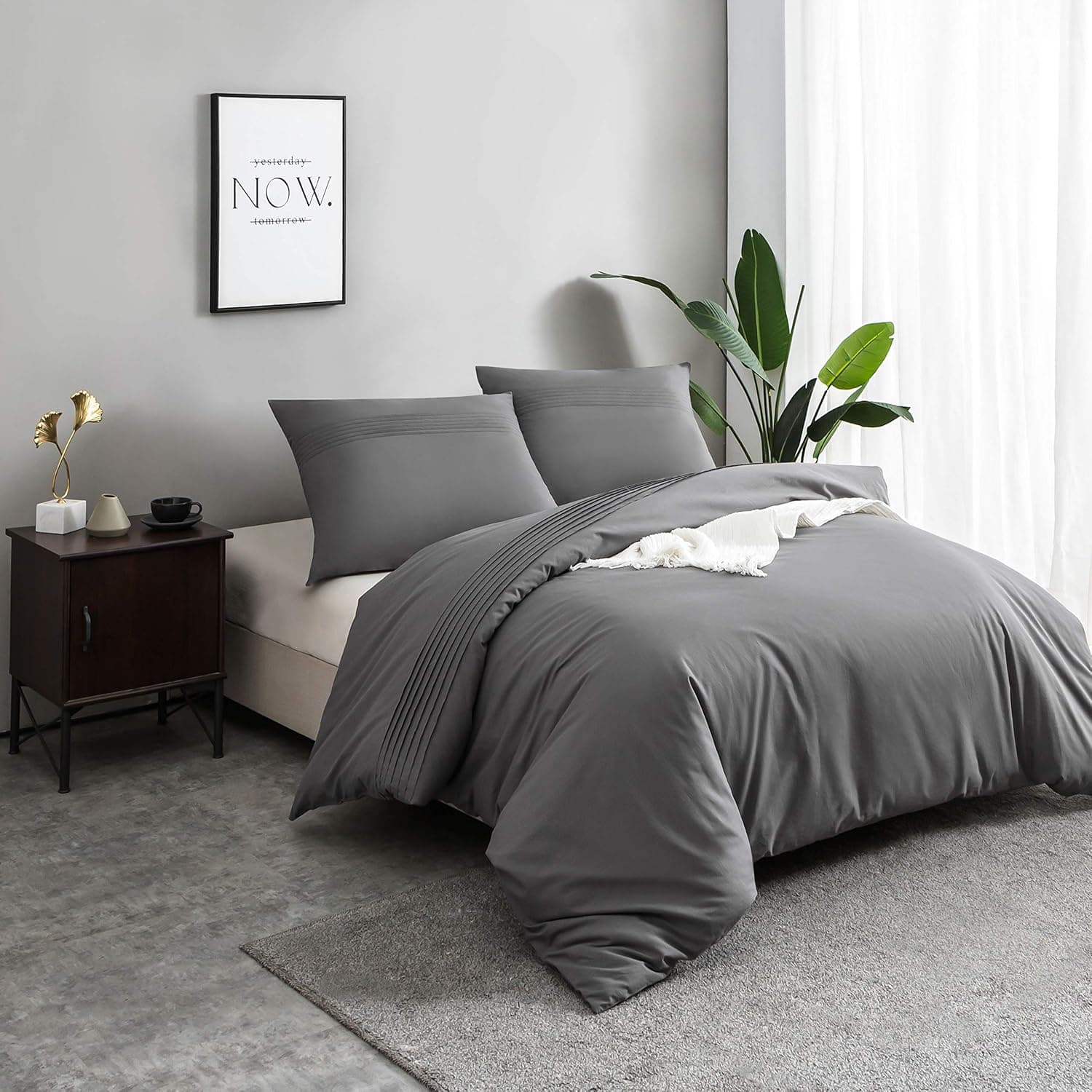 MOHAP 100% Coton Sets de Housse de Couette 200x200 cm Gris Parure de Lit Haut Gamme Plissé Adulte 2 Personnes avec 2 Taies d'oreiller 65x65cm Fermeture Éclair 3