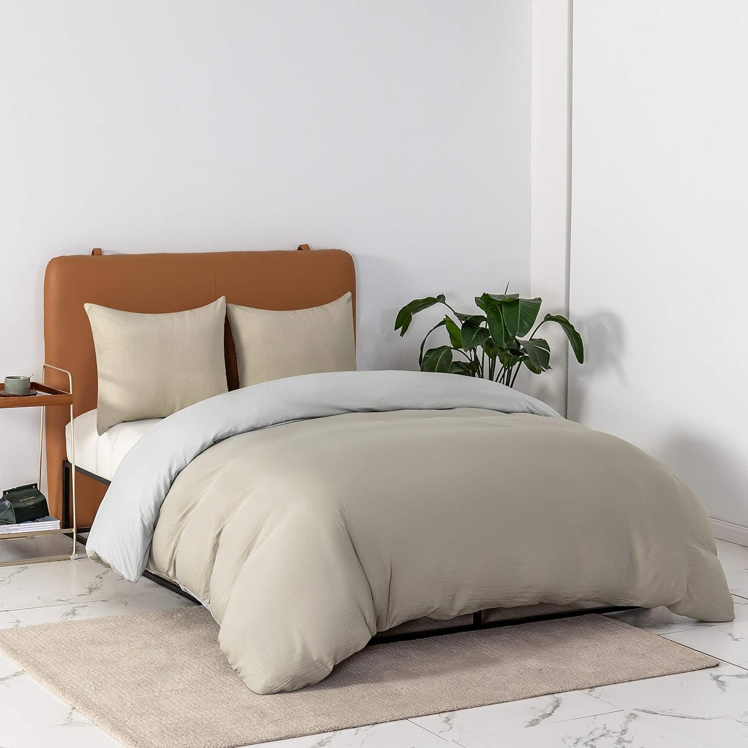 MOHAP Housse de Couette Réversible 220x240 / 65x65x2 cm Coton lavé Beige Parure de Lit Aspect Ridée Naturel Bicolore pour 2 Personnes Fermeture Éclair Sets de Housse Couette 2