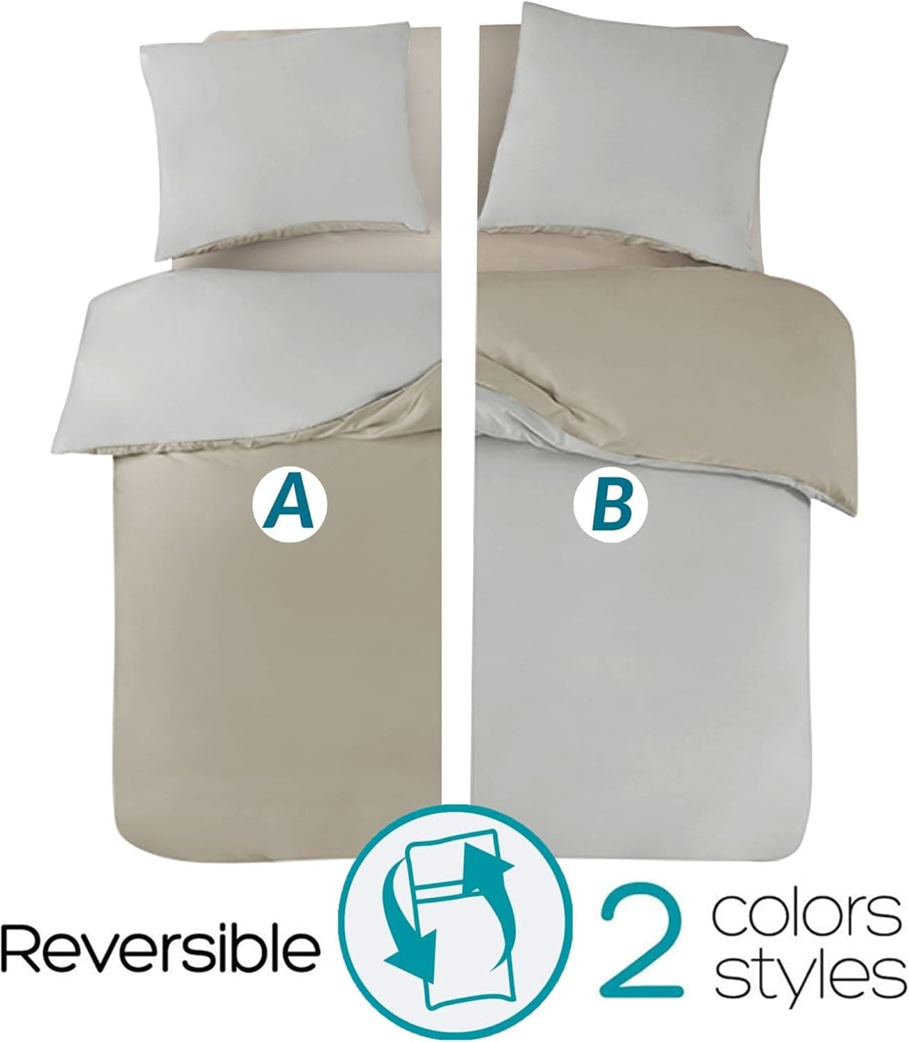 MOHAP Housse de Couette Réversible 220x240 / 65x65x2 cm Coton lavé Beige Parure de Lit Aspect Ridée Naturel Bicolore pour 2 Personnes Fermeture Éclair Sets de Housse Couette 3