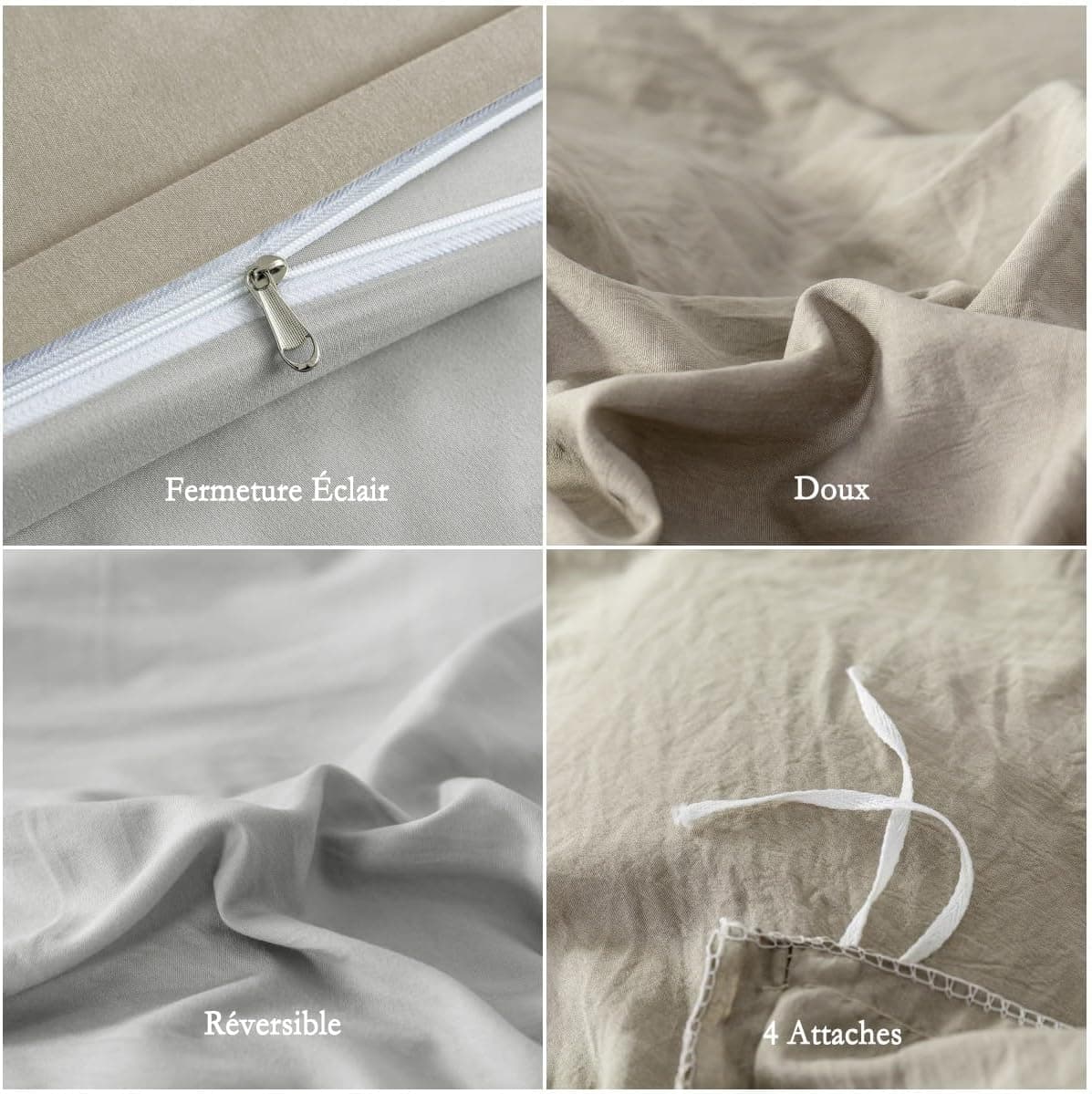 MOHAP Housse de Couette Réversible 220x240 / 65x65x2 cm Coton lavé Beige Parure de Lit Aspect Ridée Naturel Bicolore pour 2 Personnes Fermeture Éclair Sets de Housse Couette 4