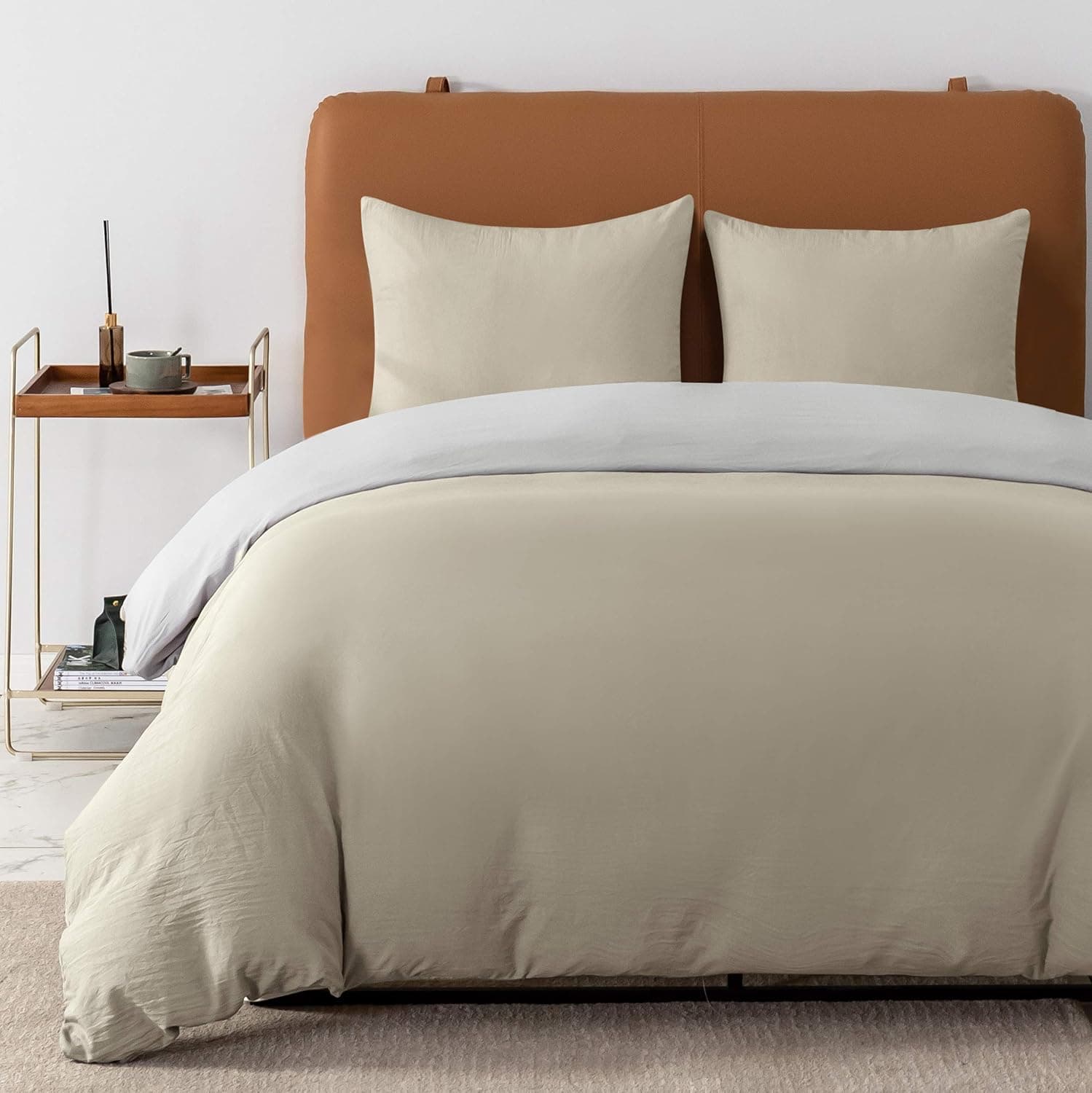 MOHAP Housse de Couette Réversible 220x240 / 65x65x2 cm Coton lavé Beige Parure de Lit Aspect Ridée Naturel Bicolore pour 2 Personnes Fermeture Éclair Sets de Housse Couette 6