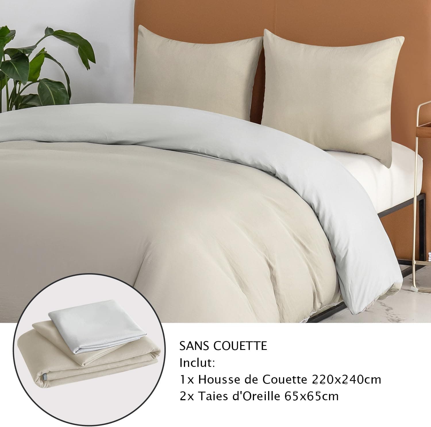 MOHAP Housse de Couette Réversible 220x240 / 65x65x2 cm Coton lavé Beige Parure de Lit Aspect Ridée Naturel Bicolore pour 2 Personnes Fermeture Éclair Sets de Housse Couette 7