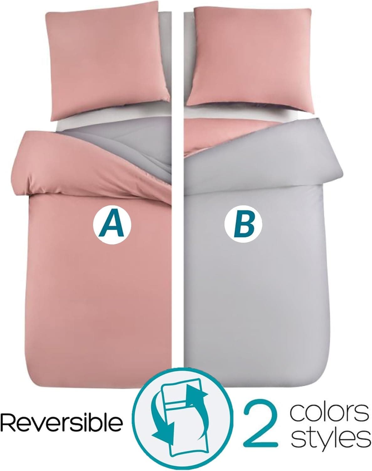 MOHAP Housse de Couette Réversible 220x240 / 65x65x2 cm Gris + Rose Parure de Lit Bicolore pour 2 Personnes Fermeture Éclair Sets de Housse Couette