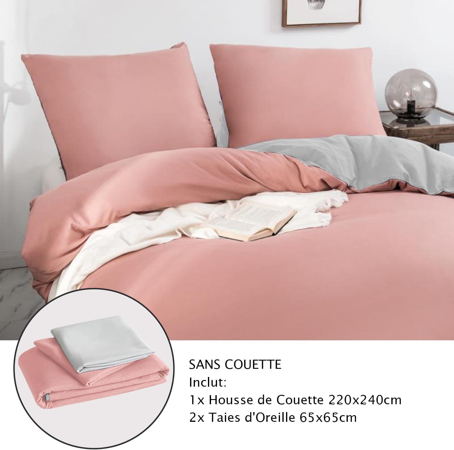 MOHAP Housse de Couette Réversible 220x240 / 65x65x2 cm Gris + Rose Parure de Lit Bicolore pour 2 Personnes Fermeture Éclair Sets de Housse Couette 2