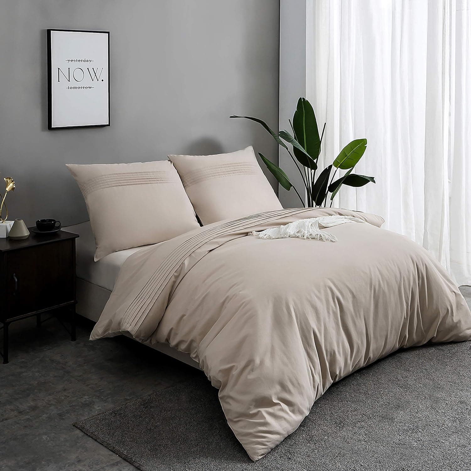 MOHAP 100% Coton Sets de Housse de Couette 220x240 cm Beige Parure de Lit Haut Gamme Plissé Adulte 2 Personnes avec 2 Taies d'oreiller 65x65cm Fermeture Éclair 3