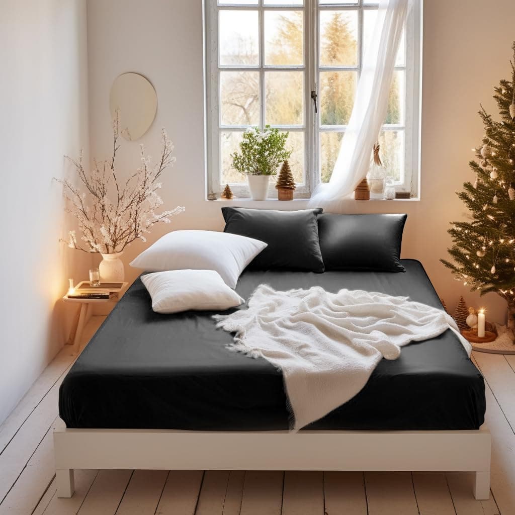 MOHAP King Size Fitted Sheet Black with Extra Deep 16 inch 40 cm Pocket Bed Sheet Only Bedsheet Brushed Microfiber Bottom Sheet for King Bed 150x200 Black