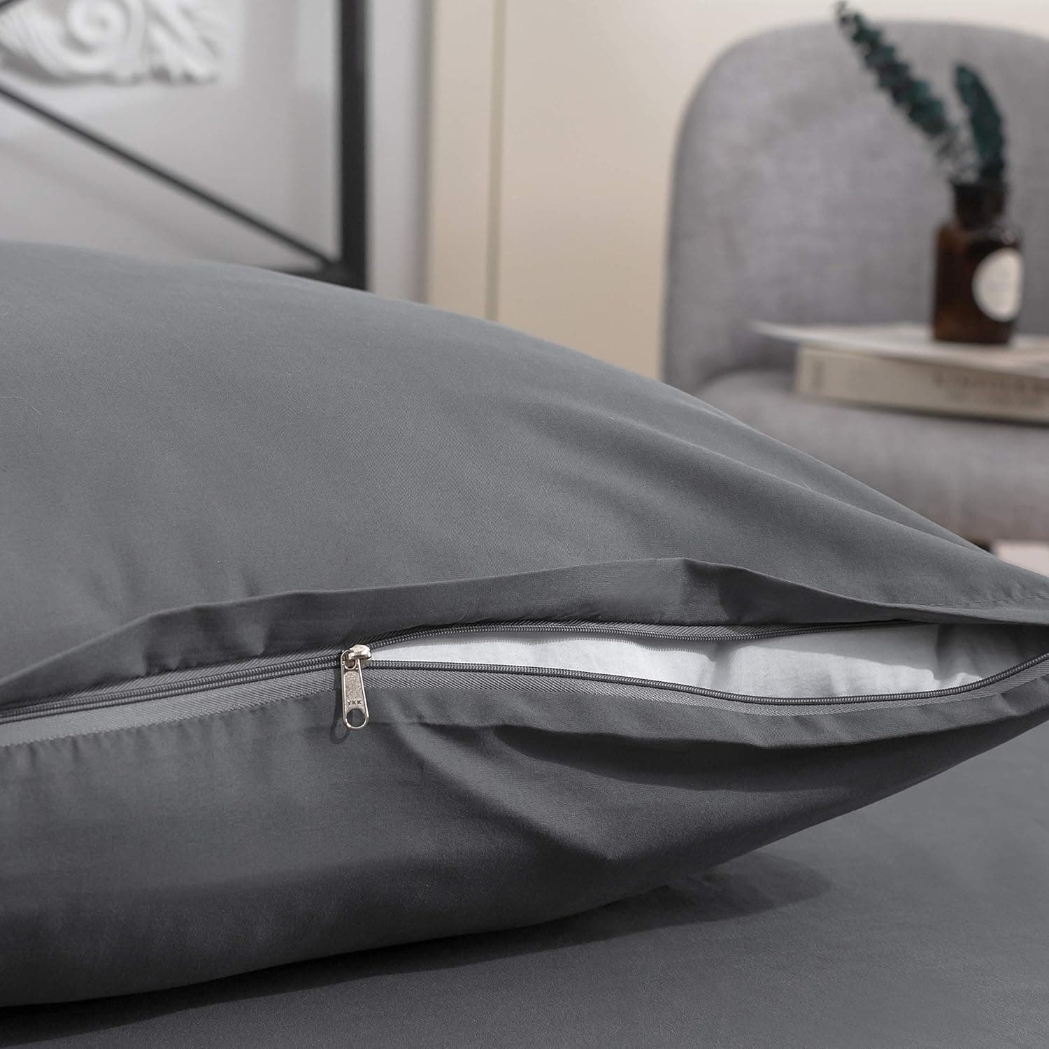 Housse de Couette 220x240cm + Taies d'oreillers 65x65x2 cm Gris 120 Fils/cm² Parure de Lit avec Fermeture Eclaire pour 2 Personnes 6