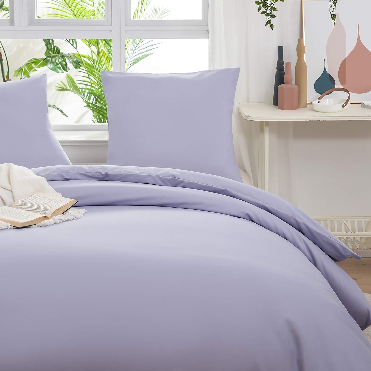 MOHAP Housse de Couette 220x240cm+2 Taies d'oreillers 65x65cm Violet Clair Parure de Lit Adulte 2 Personnes 100 Fils/cm² en Microfibre avec Fermeture Éclair 2
