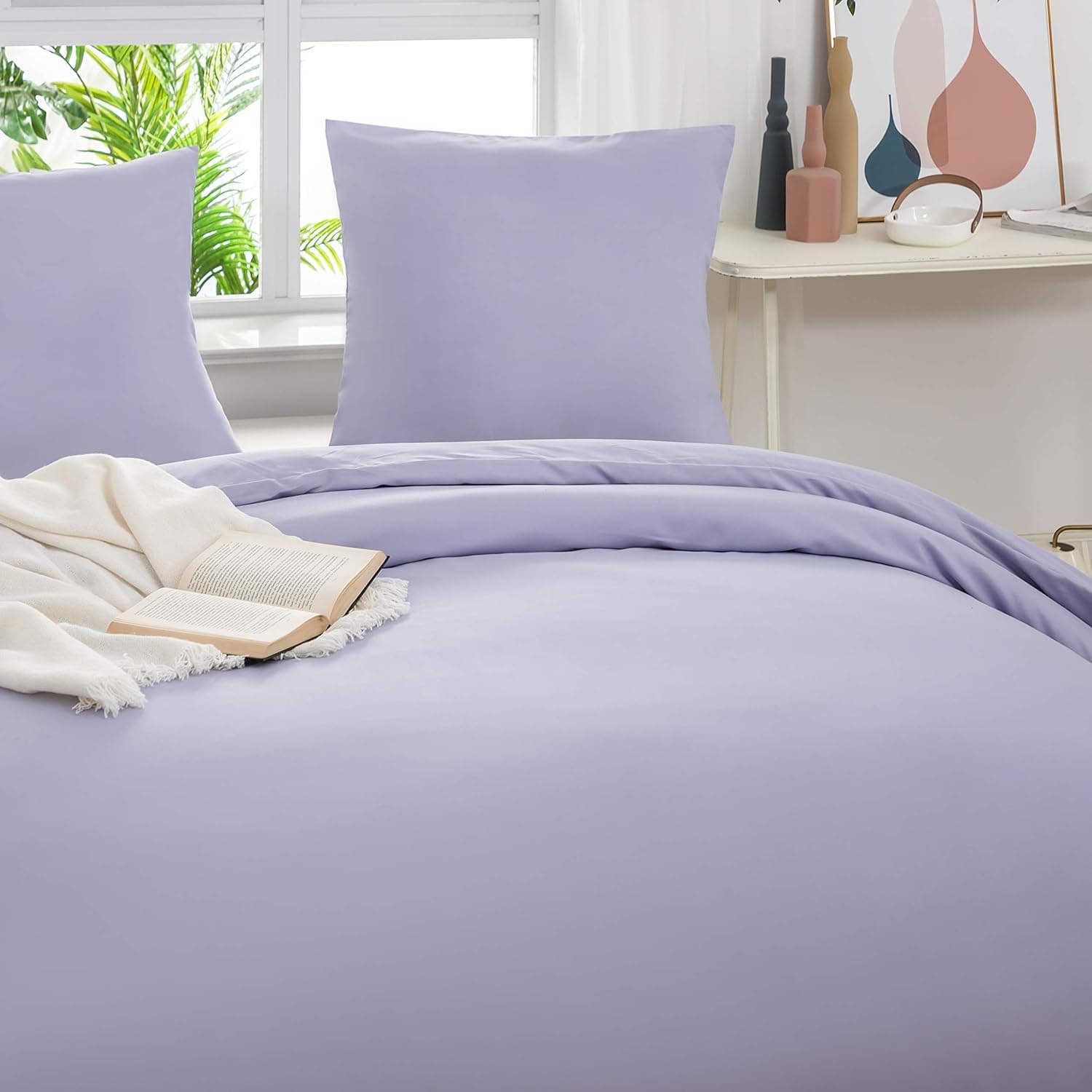 MOHAP Housse de Couette 220x240cm+2 Taies d'oreillers 65x65cm Violet Clair Parure de Lit Adulte 2 Personnes 100 Fils/cm² en Microfibre avec Fermeture Éclair 4