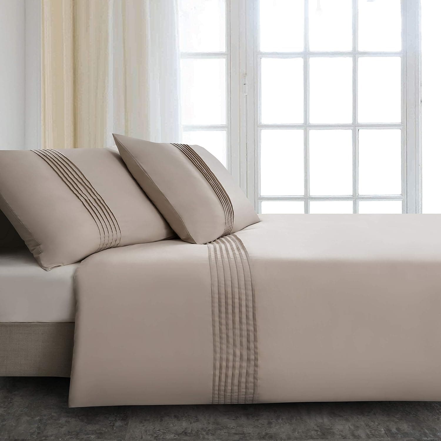 MOHAP 100% Coton Sets de Housse de Couette 200x200 cm Beige Parure de Lit Haut Gamme Plissé Adulte 2 Personnes avec 2 Taies d'oreiller 65x65cm Fermeture Éclair 6