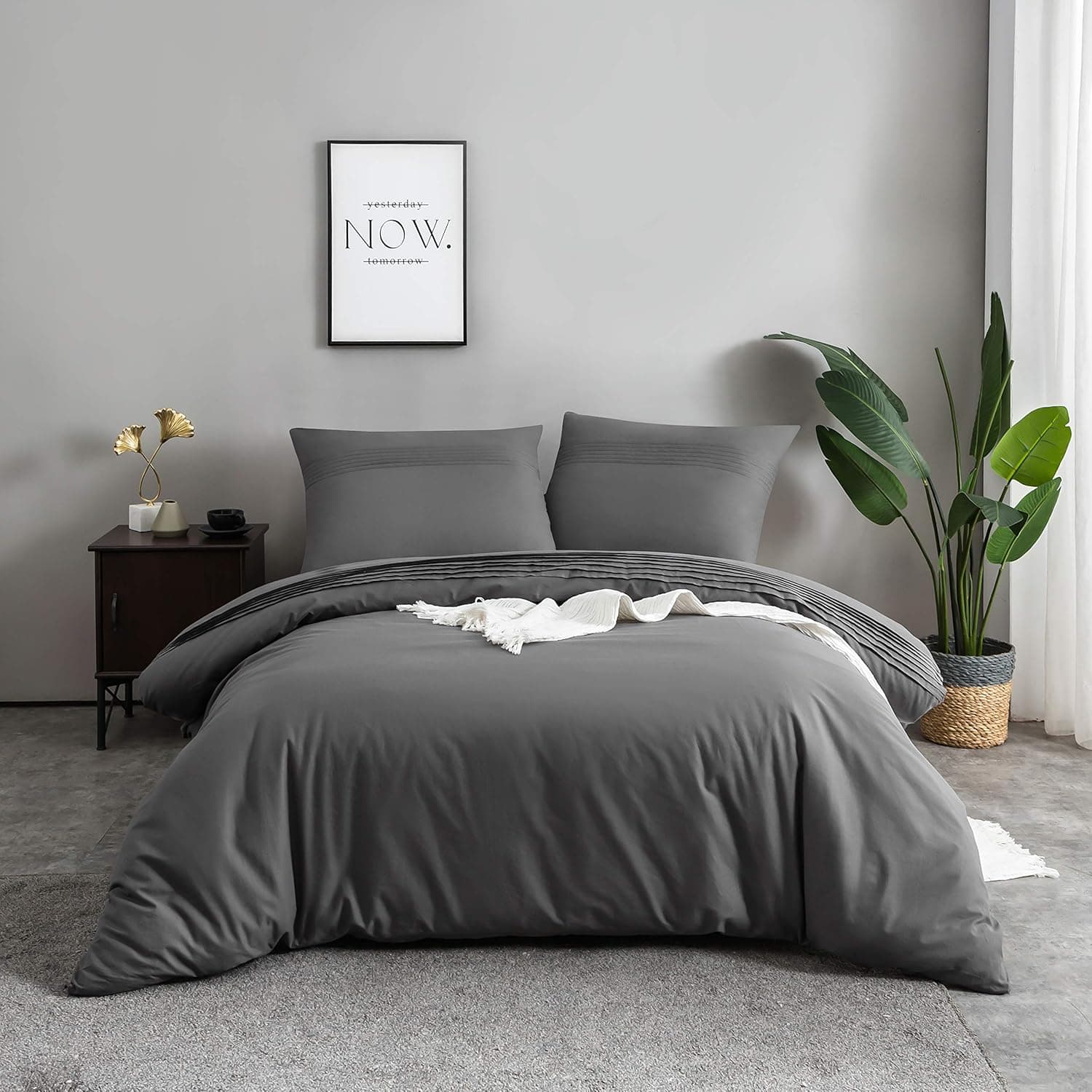 MOHAP 100% Coton Sets de Housse de Couette 240x260 cm Gris Parure de Lit Haut Gamme Plissé Adulte 2 Personnes avec 2 Taies d'oreiller 65x65cm Fermeture Éclair