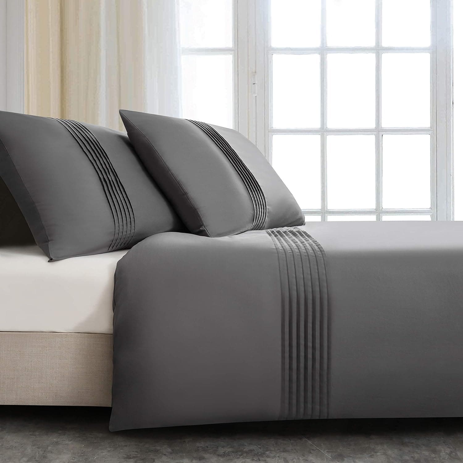 MOHAP 100% Coton Sets de Housse de Couette 240x260 cm Gris Parure de Lit Haut Gamme Plissé Adulte 2 Personnes avec 2 Taies d'oreiller 65x65cm Fermeture Éclair 5