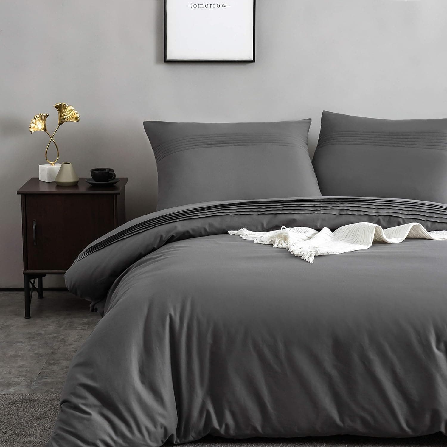 MOHAP 100% Coton Sets de Housse de Couette 240x260 cm Gris Parure de Lit Haut Gamme Plissé Adulte 2 Personnes avec 2 Taies d'oreiller 65x65cm Fermeture Éclair 2