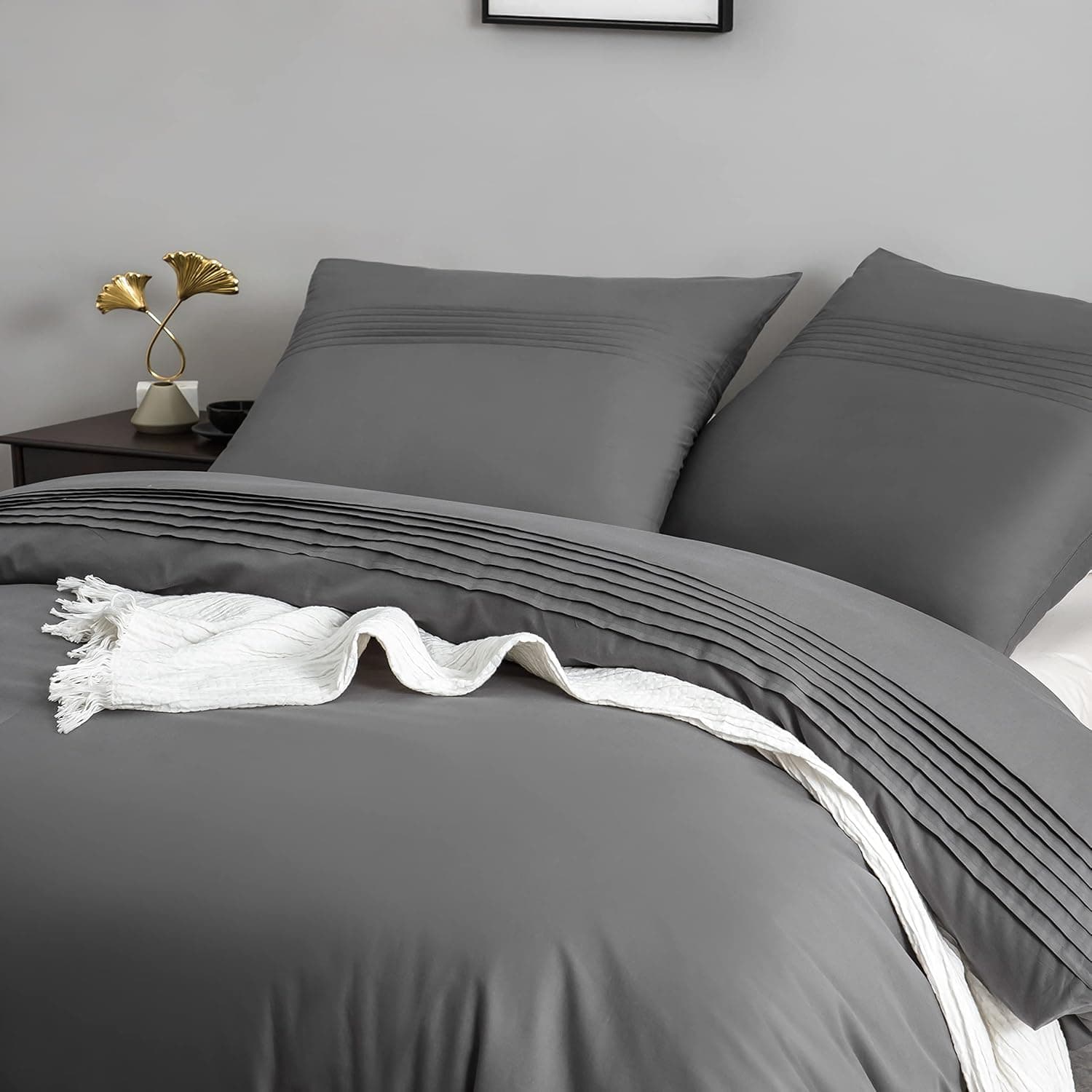 MOHAP 100% Coton Sets de Housse de Couette 240x260 cm Gris Parure de Lit Haut Gamme Plissé Adulte 2 Personnes avec 2 Taies d'oreiller 65x65cm Fermeture Éclair 4