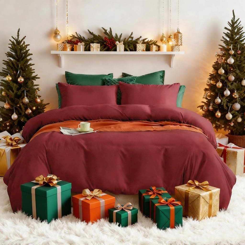 Warm Bedding Set and Fitted Sheet King Size 110GSM 4 Pieces Brushed Microfiber Duvet Cover with Pillowcases Luxury with 16'' Deep Pocket Bed Sheet Soft Fade Resistant Burgundy