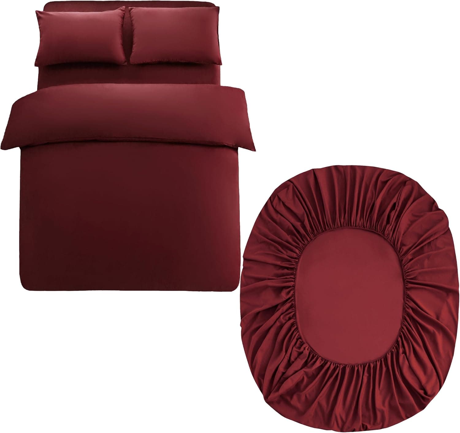 Warm Bedding Set and Fitted Sheet King Size 110GSM 4 Pieces Brushed Microfiber Duvet Cover with Pillowcases Luxury with 16'' Deep Pocket Bed Sheet Soft Fade Resistant Burgundy 2