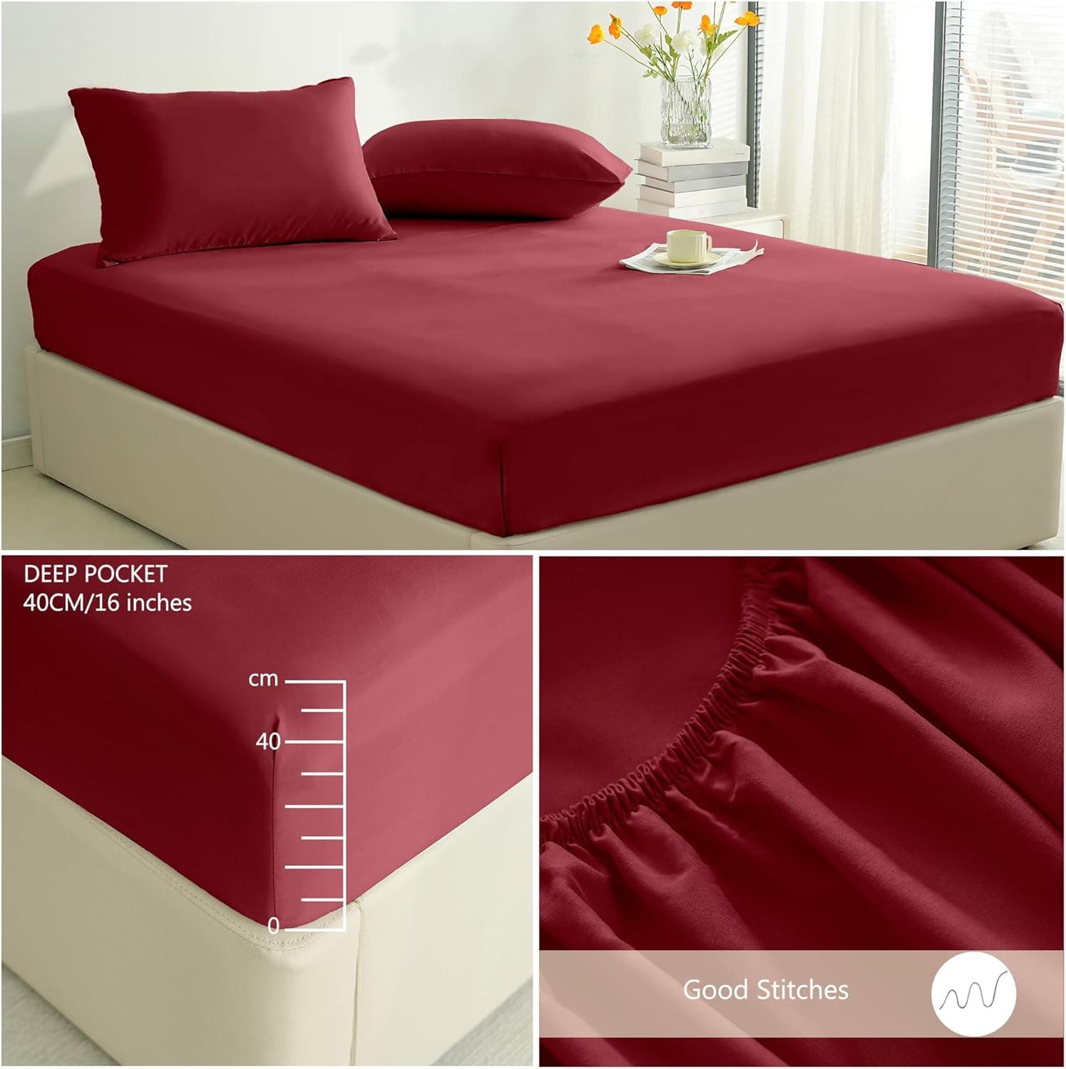 Warm Bedding Set and Fitted Sheet King Size 110GSM 4 Pieces Brushed Microfiber Duvet Cover with Pillowcases Luxury with 16'' Deep Pocket Bed Sheet Soft Fade Resistant Burgundy 6