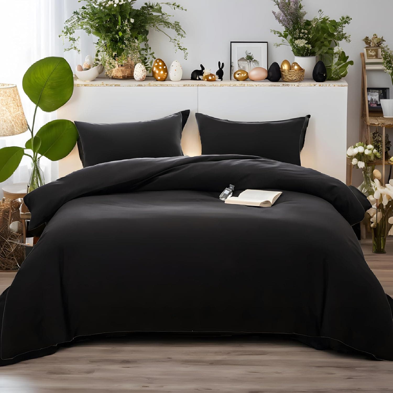 Parure de lit 4 pièces chaude et drap-housse en microfibre brossée 110 g/m² avec housse de couette et taies d'oreiller - Avec poche profonde de 40,6 cm - Résistante à la décoloration - Noir