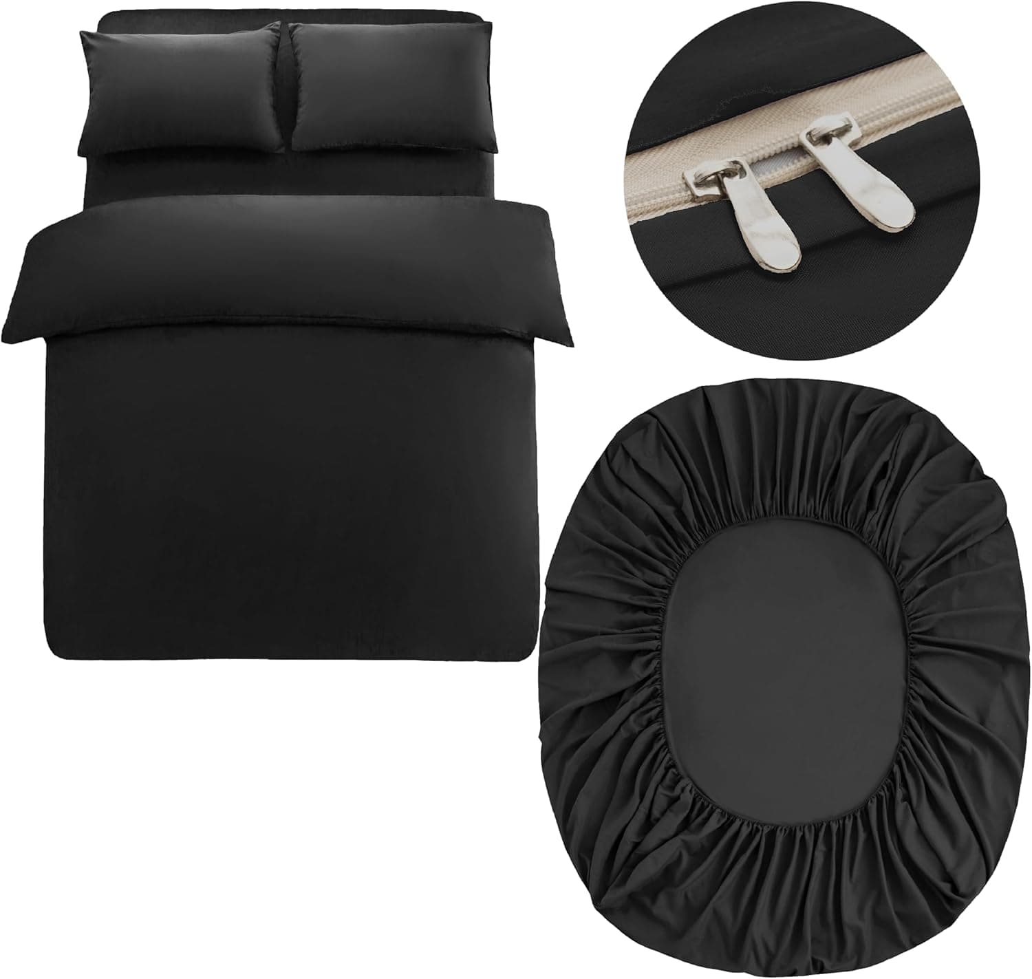 Parure de lit 4 pièces chaude et drap-housse en microfibre brossée 110 g/m² avec housse de couette et taies d'oreiller - Avec poche profonde de 40,6 cm - Résistante à la décoloration - Noir 2