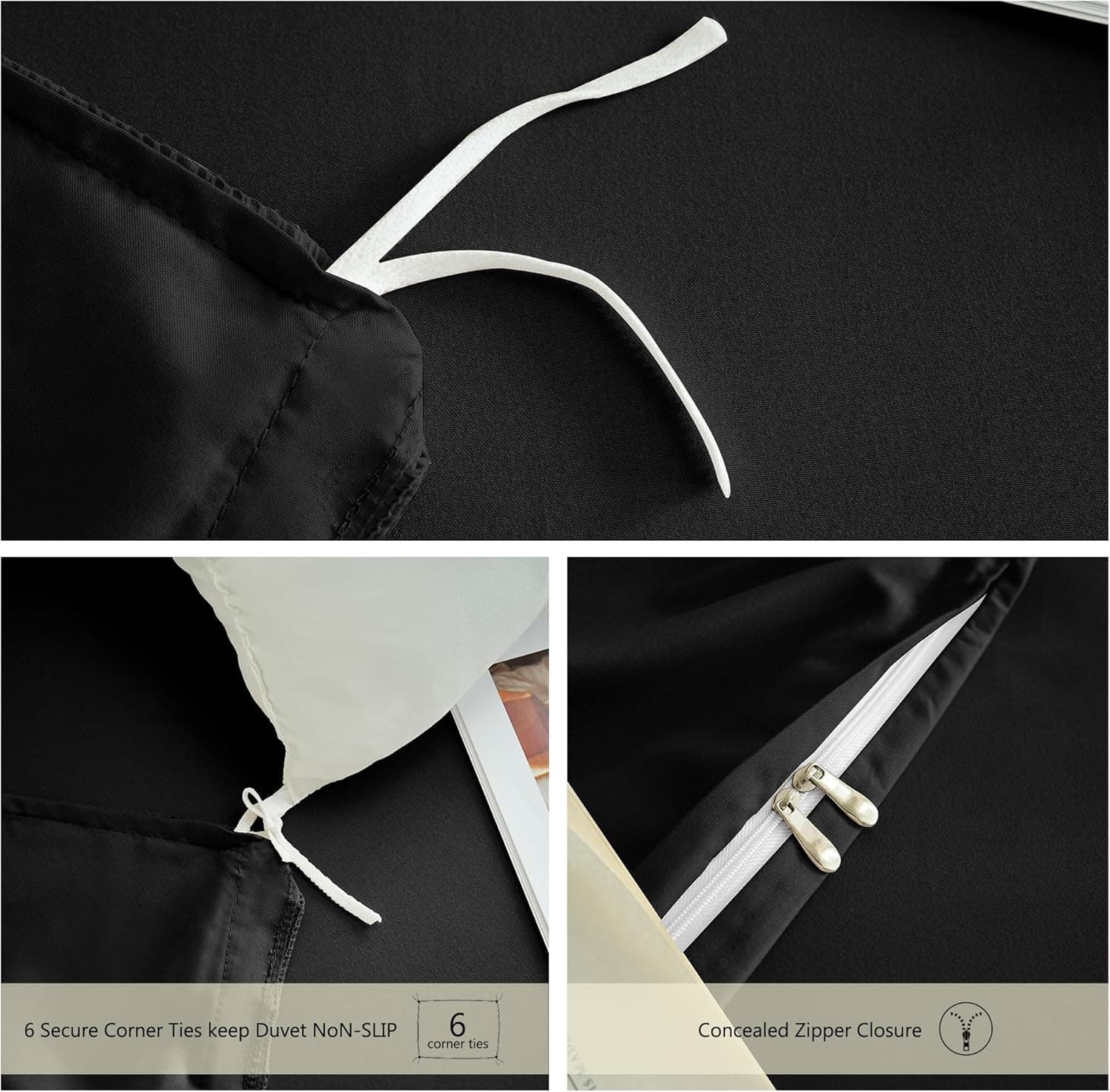 Parure de lit 4 pièces chaude et drap-housse en microfibre brossée 110 g/m² avec housse de couette et taies d'oreiller - Avec poche profonde de 40,6 cm - Résistante à la décoloration - Noir 5