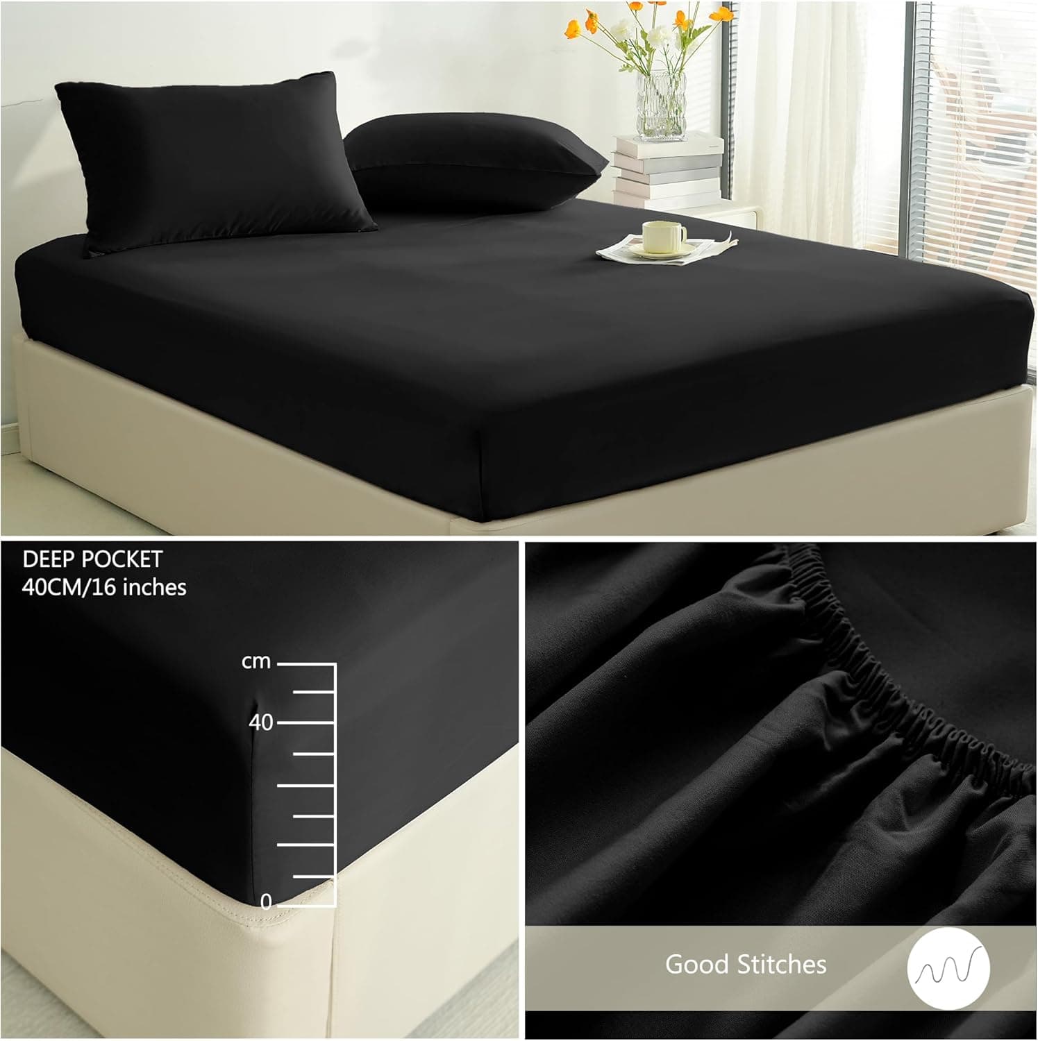 Parure de lit 4 pièces chaude et drap-housse en microfibre brossée 110 g/m² avec housse de couette et taies d'oreiller - Avec poche profonde de 40,6 cm - Résistante à la décoloration - Noir 6