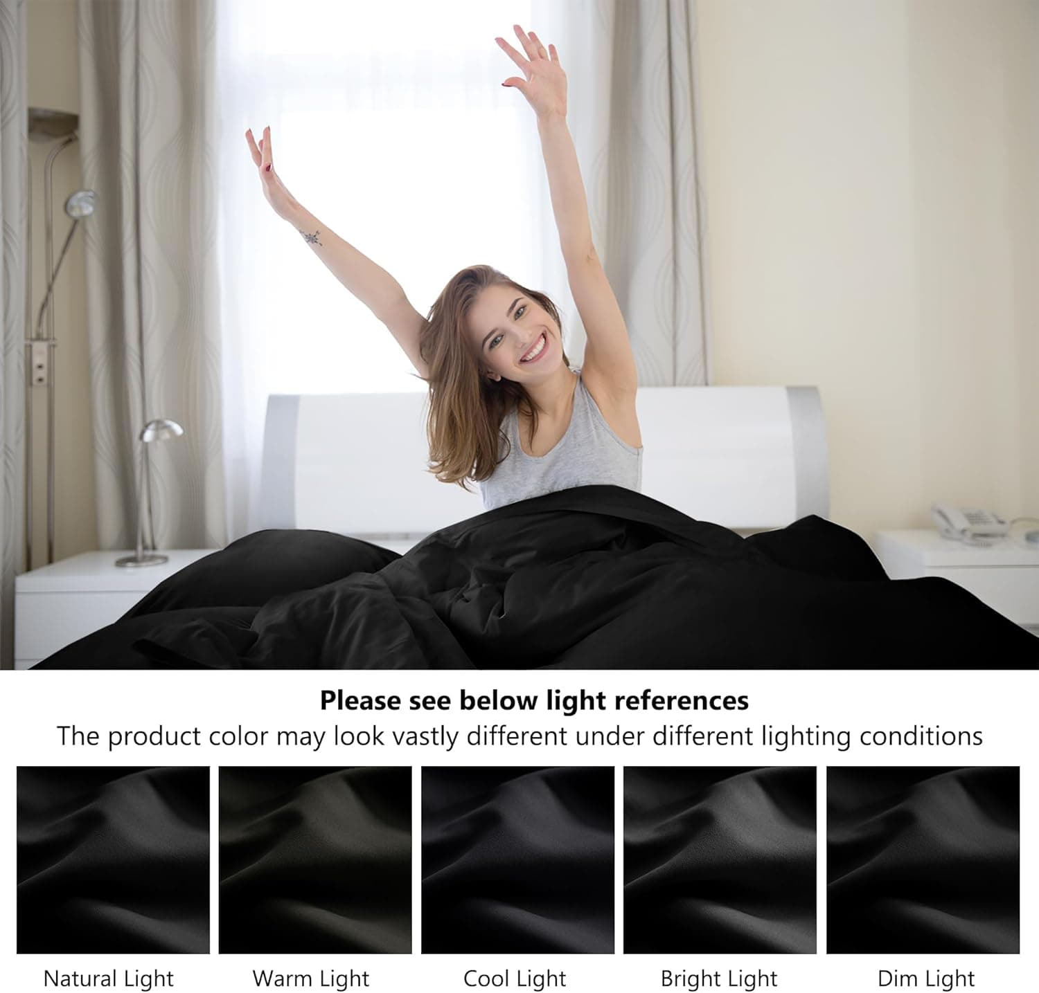 Parure de lit 4 pièces chaude et drap-housse en microfibre brossée 110 g/m² avec housse de couette et taies d'oreiller - Avec poche profonde de 40,6 cm - Résistante à la décoloration - Noir 7