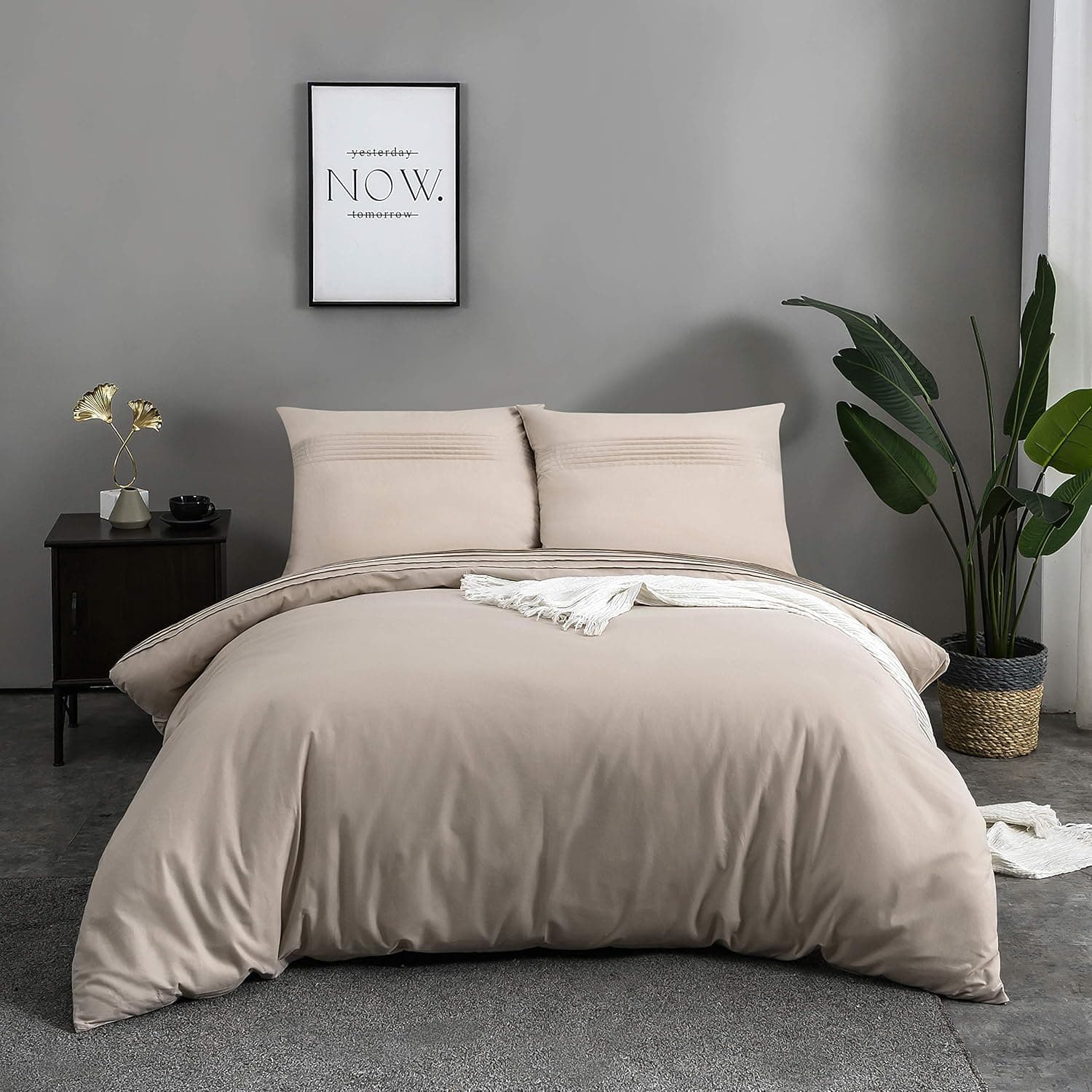 MOHAP 100% Coton Sets de Housse de Couette 220x240 cm Beige Parure de Lit Haut Gamme Plissé Adulte 2 Personnes avec 2 Taies d'oreiller 65x65cm Fermeture Éclair