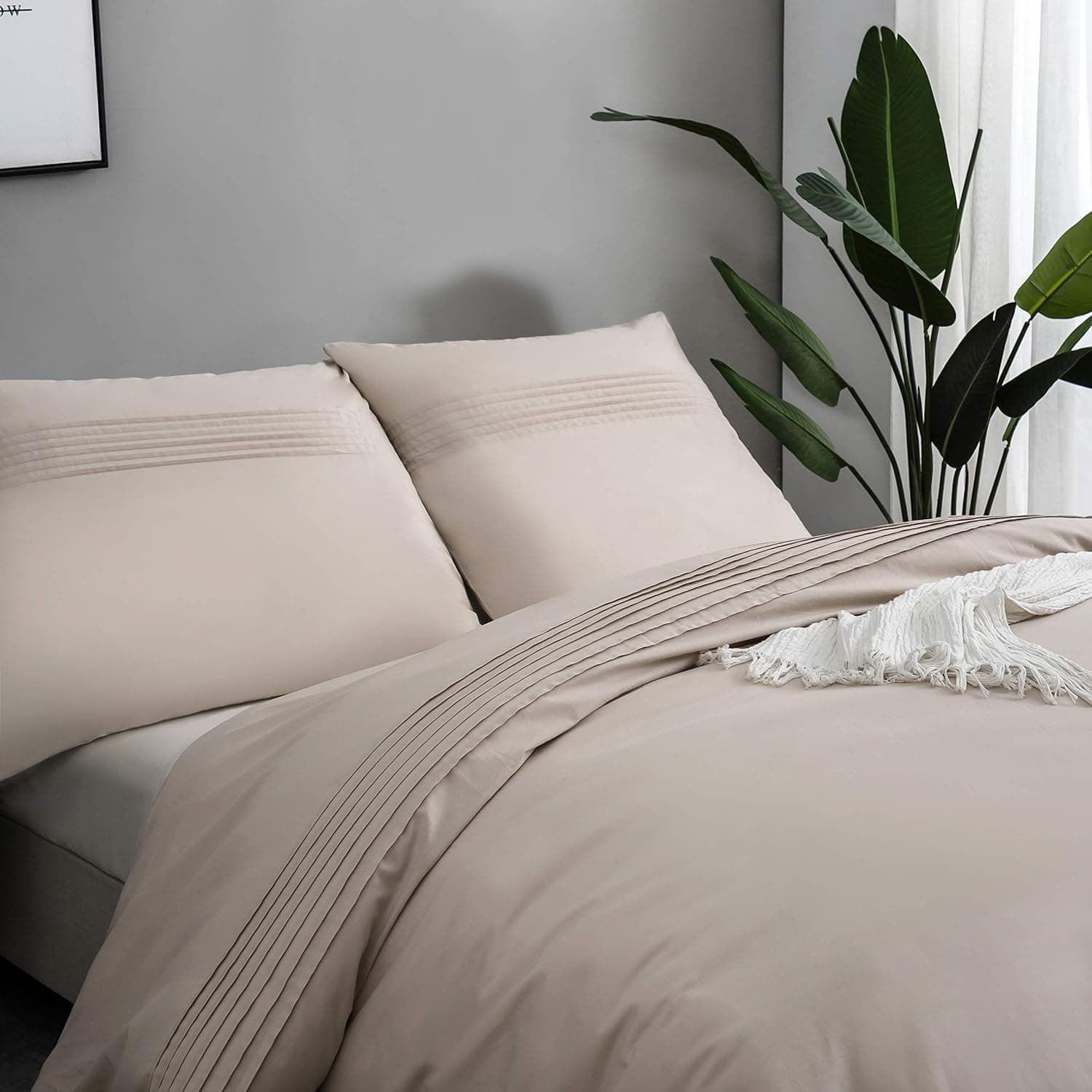 MOHAP 100% Coton Sets de Housse de Couette 220x240 cm Beige Parure de Lit Haut Gamme Plissé Adulte 2 Personnes avec 2 Taies d'oreiller 65x65cm Fermeture Éclair 5