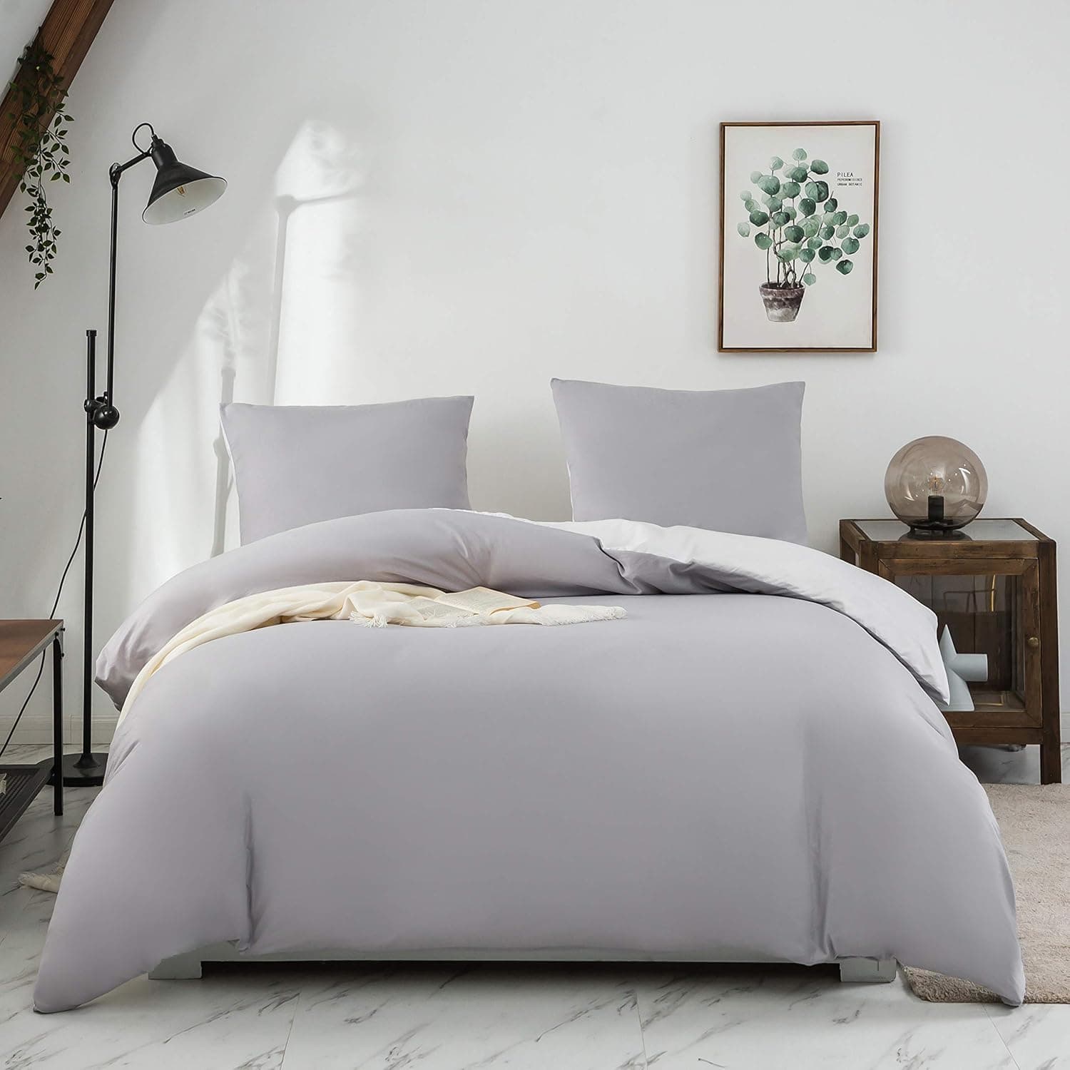 MOHAP Housse de Couette Réversible 200x200 / 65x65x2 cm Coton lavé Gris Claire Parure de Lit Aspect Ridée Naturel Bicolore pour 2 Personnes Fermeture Éclair Sets de Housse Couette