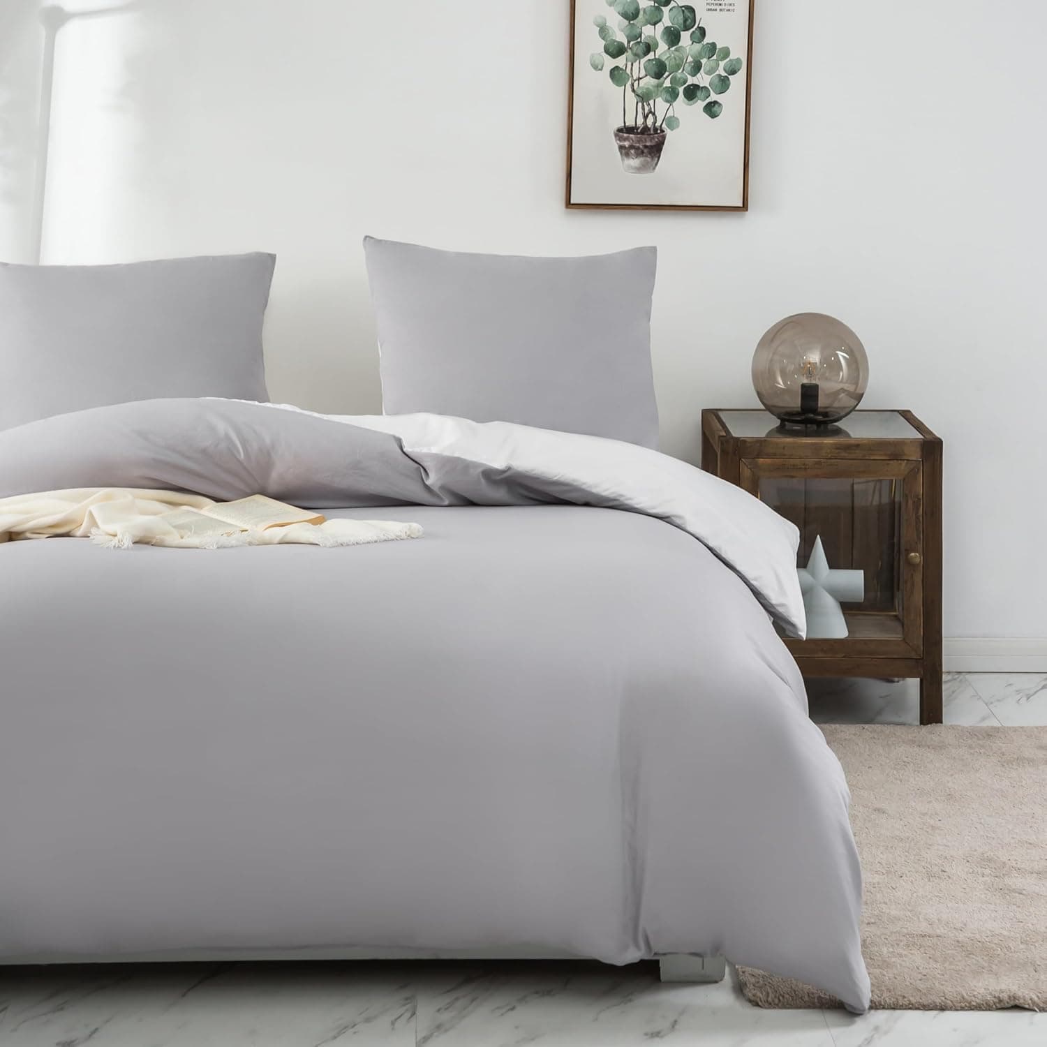 MOHAP Housse de Couette Réversible 200x200 / 65x65x2 cm Coton lavé Gris Claire Parure de Lit Aspect Ridée Naturel Bicolore pour 2 Personnes Fermeture Éclair Sets de Housse Couette 2