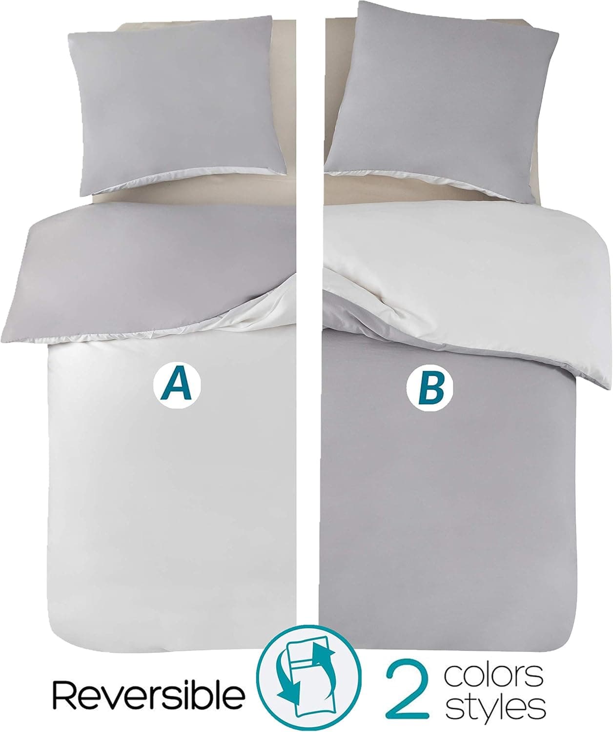 MOHAP Housse de Couette Réversible 200x200 / 65x65x2 cm Coton lavé Gris Claire Parure de Lit Aspect Ridée Naturel Bicolore pour 2 Personnes Fermeture Éclair Sets de Housse Couette 3