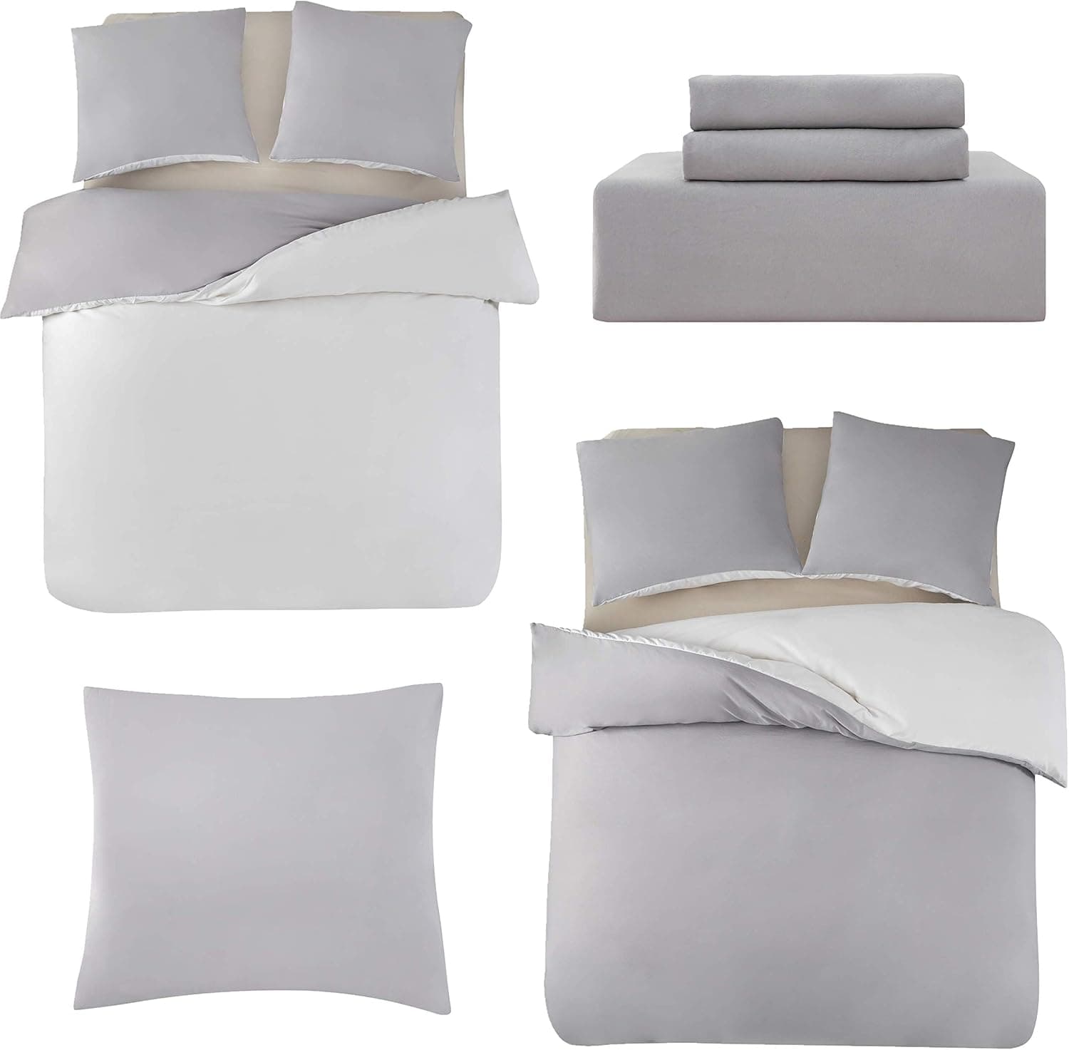 MOHAP Housse de Couette Réversible 200x200 / 65x65x2 cm Coton lavé Gris Claire Parure de Lit Aspect Ridée Naturel Bicolore pour 2 Personnes Fermeture Éclair Sets de Housse Couette 4