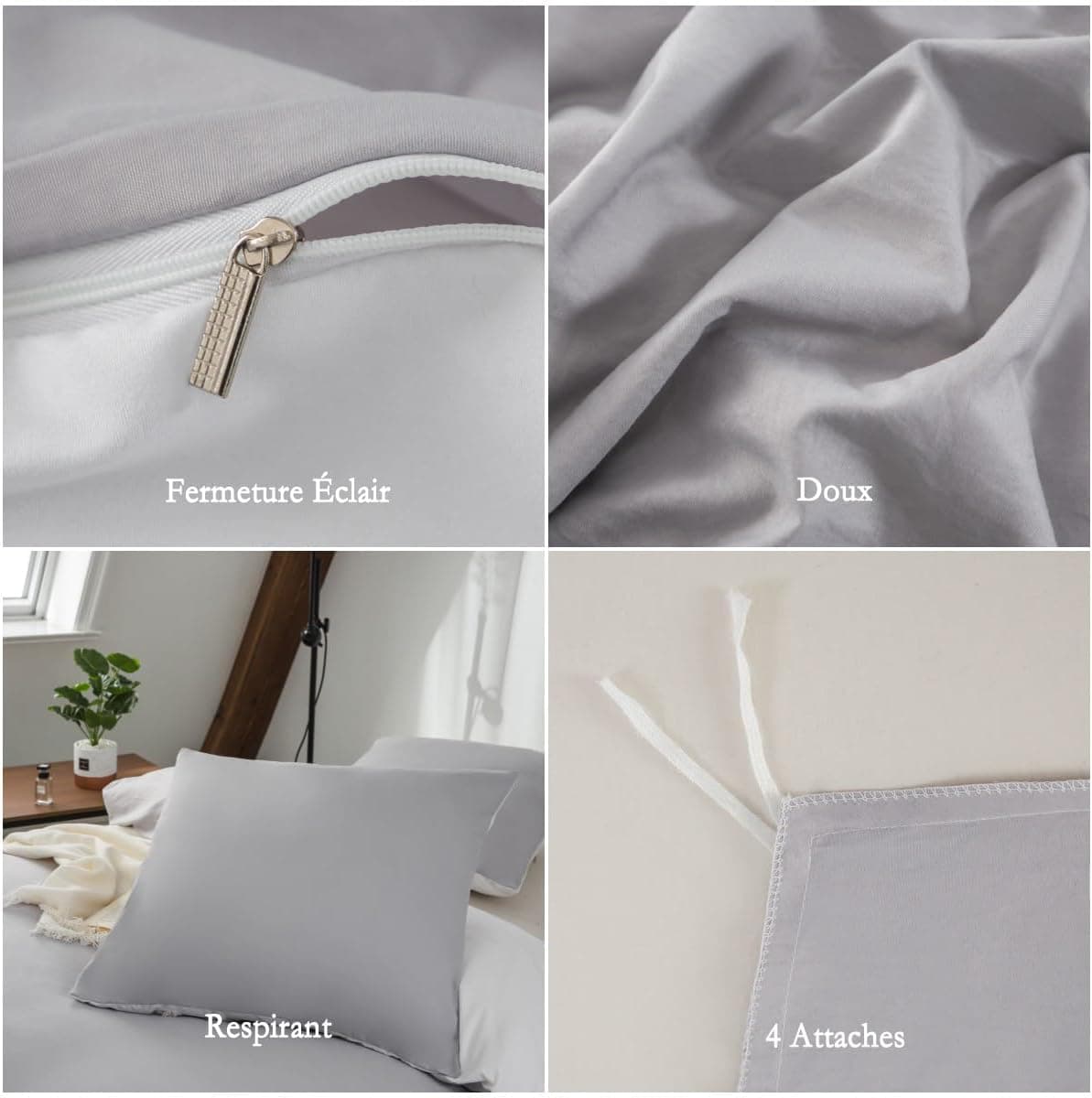 MOHAP Housse de Couette Réversible 200x200 / 65x65x2 cm Coton lavé Gris Claire Parure de Lit Aspect Ridée Naturel Bicolore pour 2 Personnes Fermeture Éclair Sets de Housse Couette 5