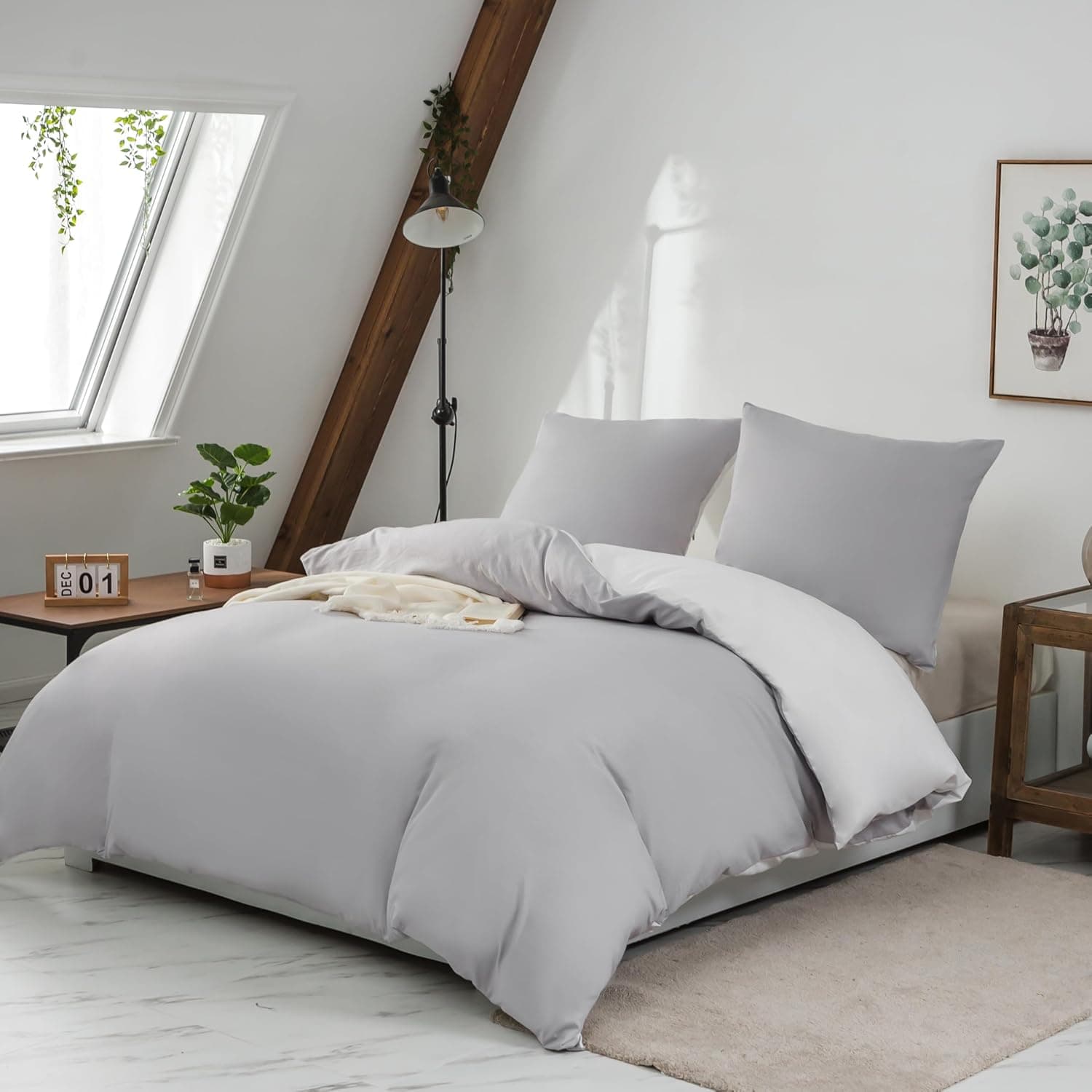 MOHAP Housse de Couette Réversible 200x200 / 65x65x2 cm Coton lavé Gris Claire Parure de Lit Aspect Ridée Naturel Bicolore pour 2 Personnes Fermeture Éclair Sets de Housse Couette 6